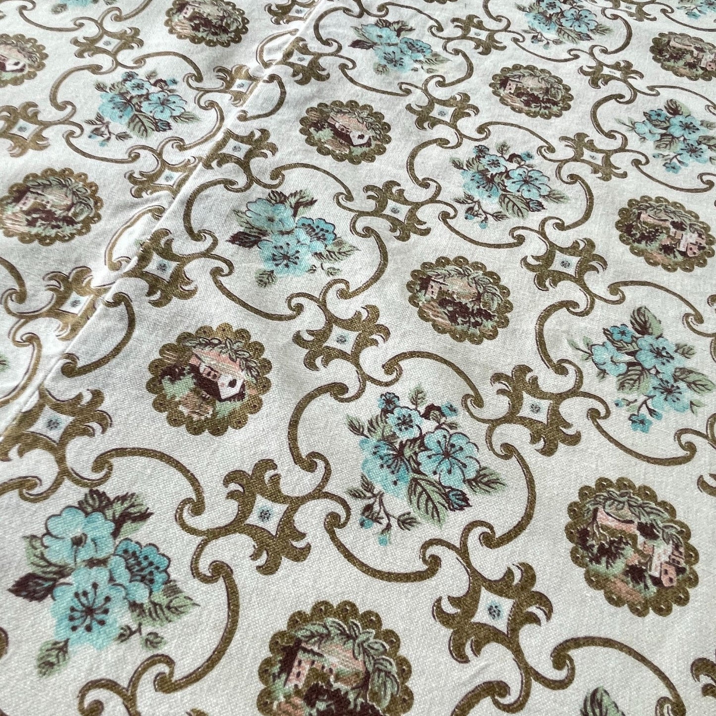 Vintage 50s curtain panel, cream blue gold pleated or rod pocket