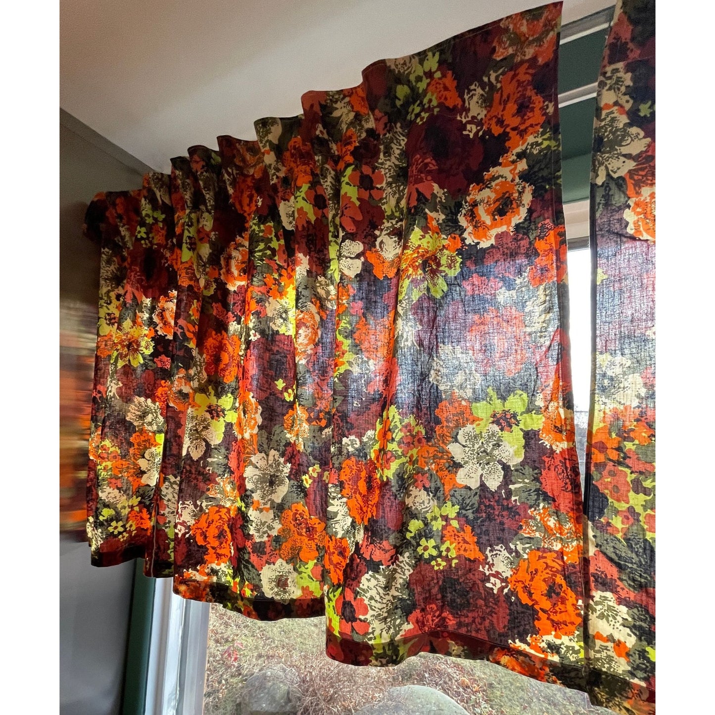Vintage 60s pleated panels, bold orange green floral