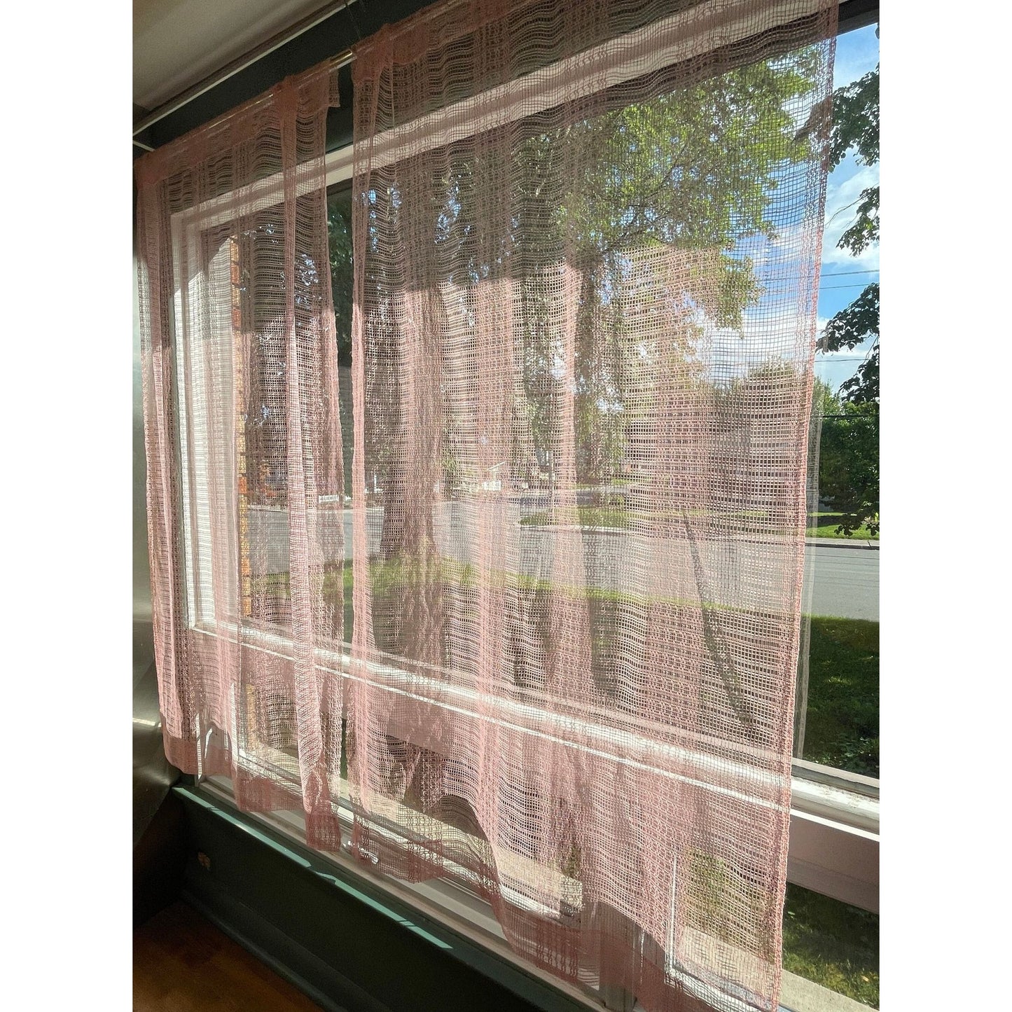 Vintage 80s curtain, blush pink mesh