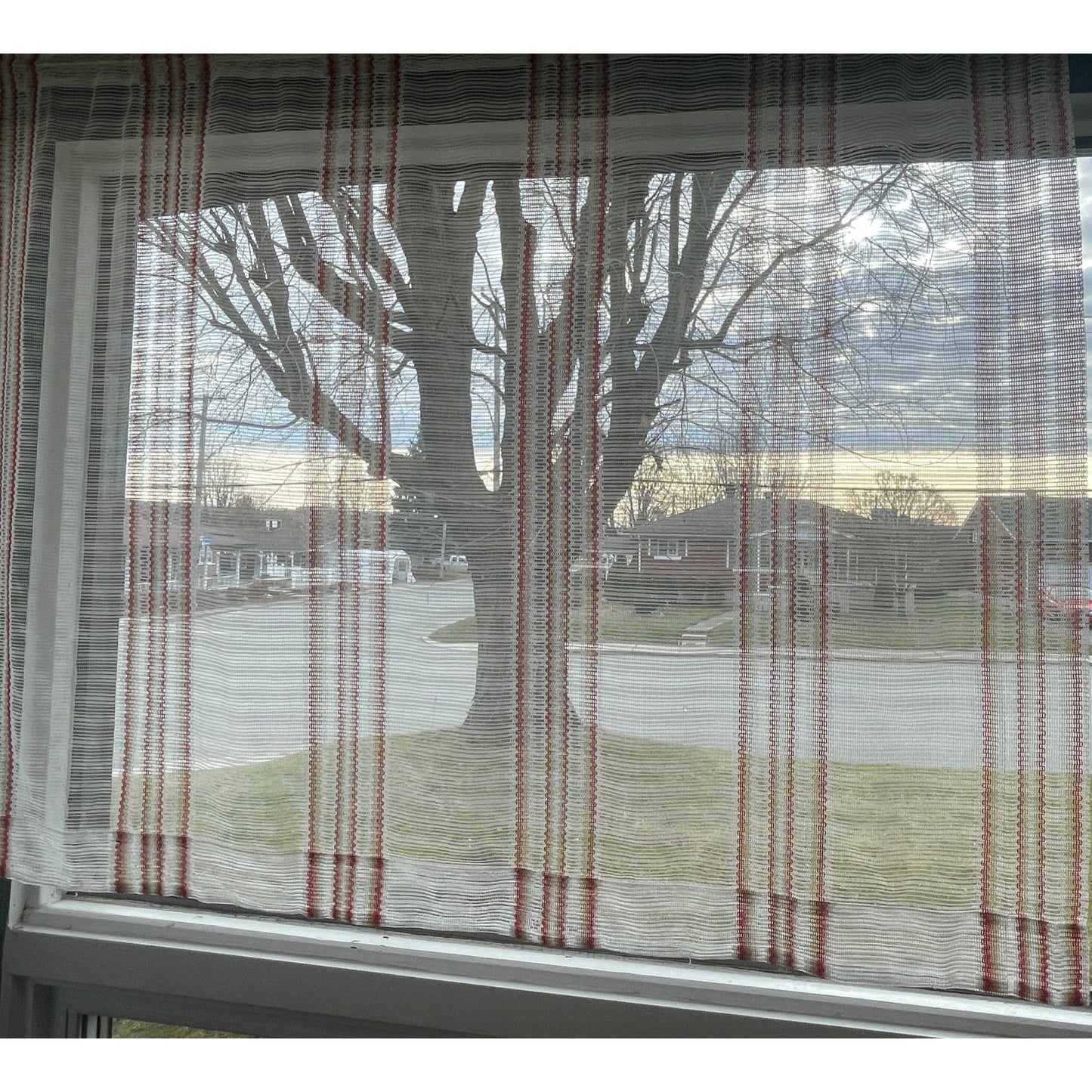 Vintage 70s curtain, red green sheer mesh panel