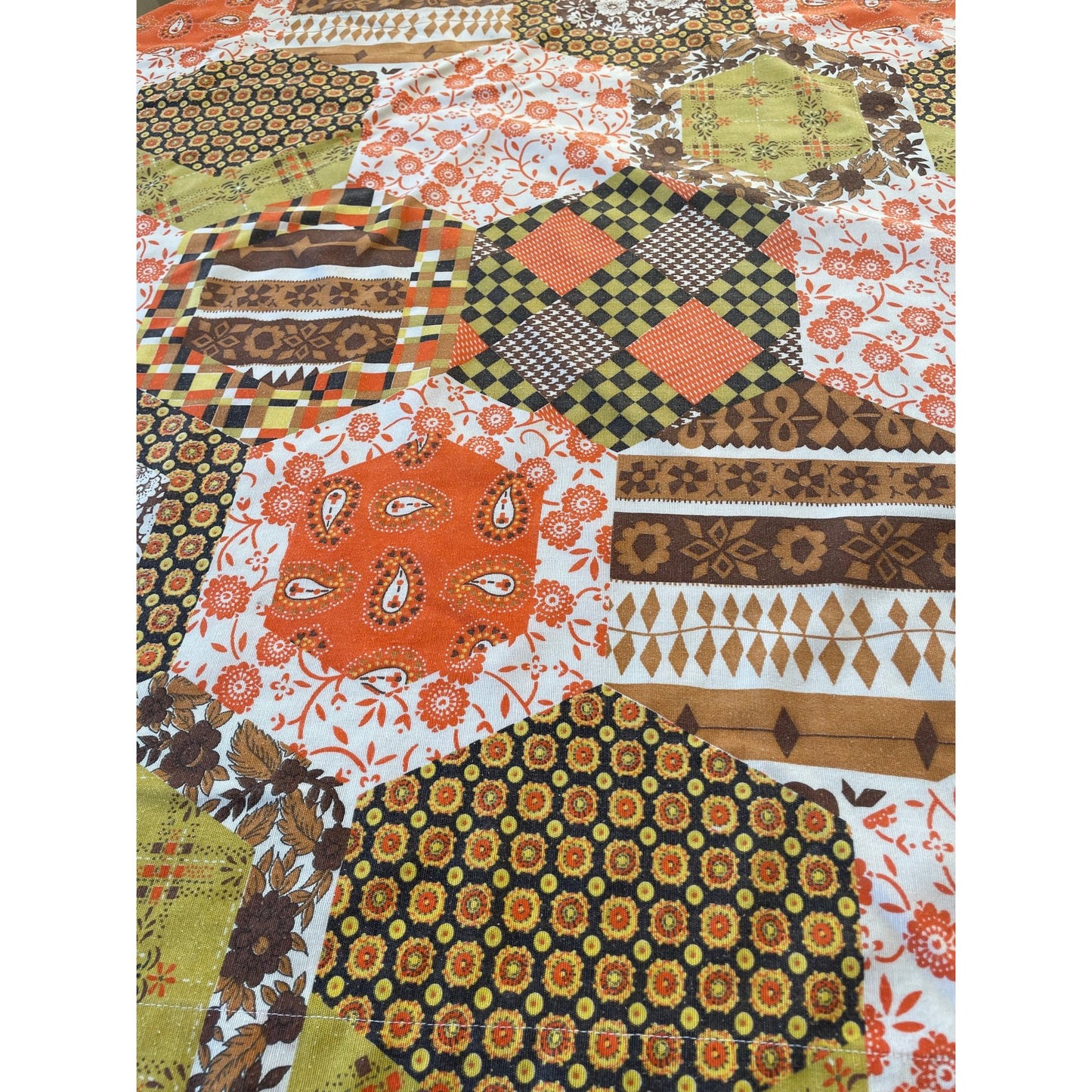 Vintage 70s faux patchwork pattern, orange and brown curtains