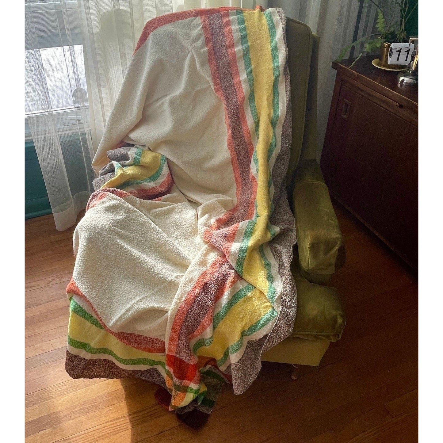 Vintage bed throw, beige brown plaid