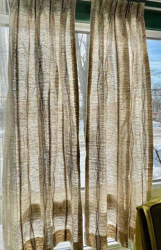 Vintage 70s pleated curtains, beige and blue stripes woven panel