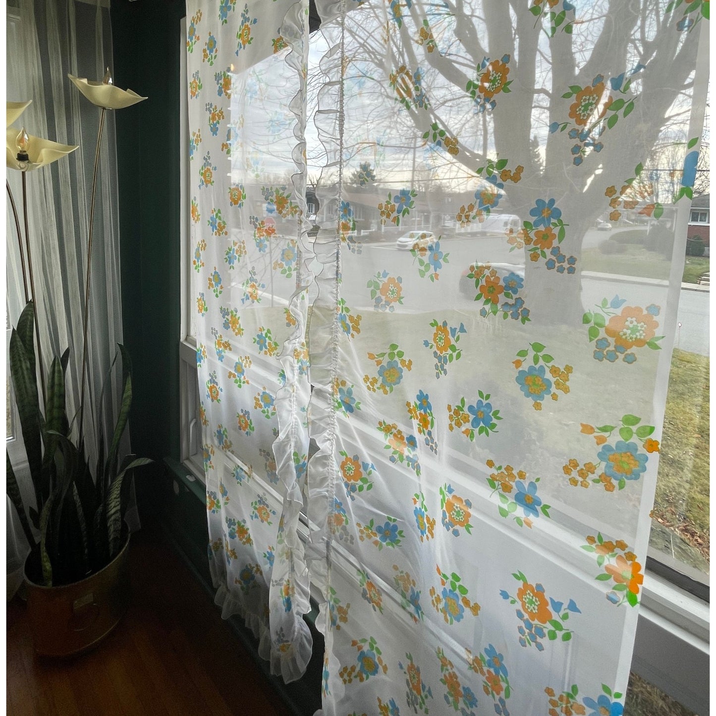Vintage 80s ruffled panels, green blue flowers