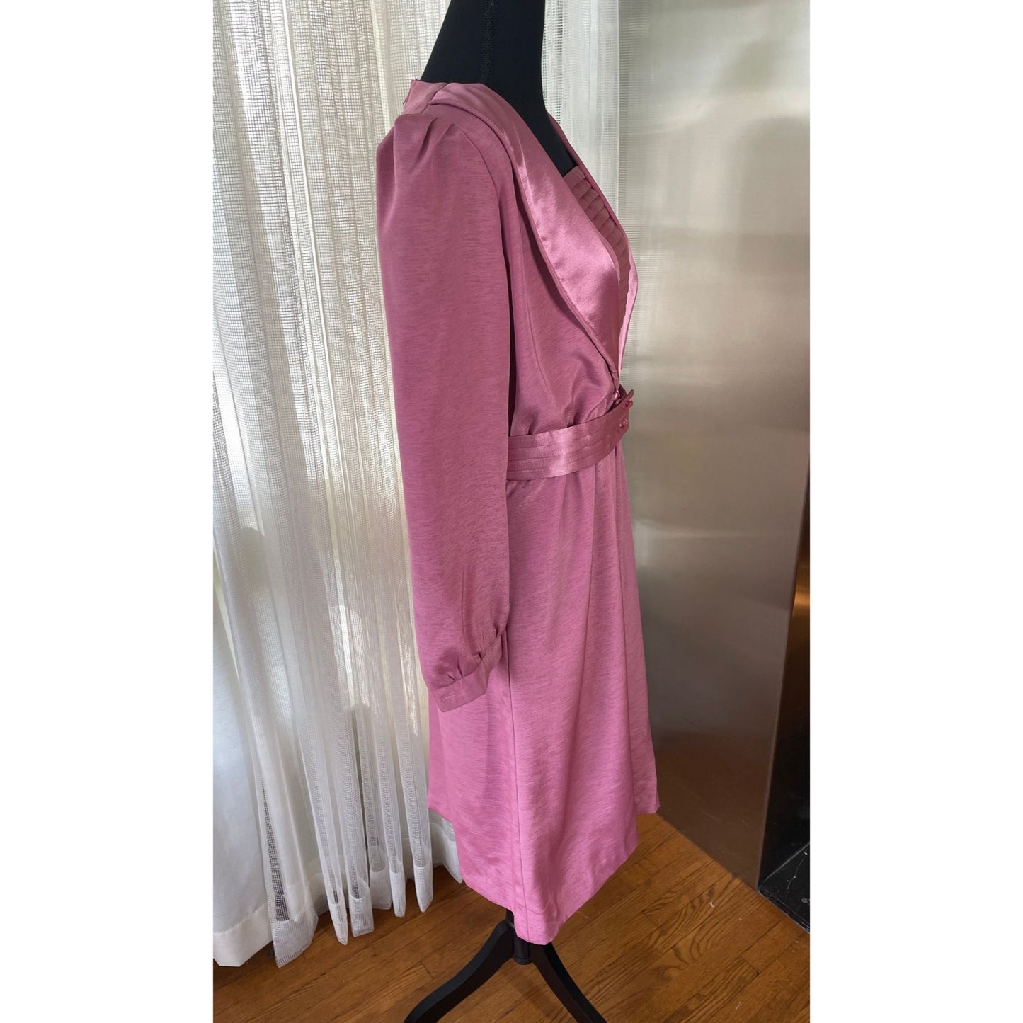 Vintage 80s gown, pink satin dress, long sleeves