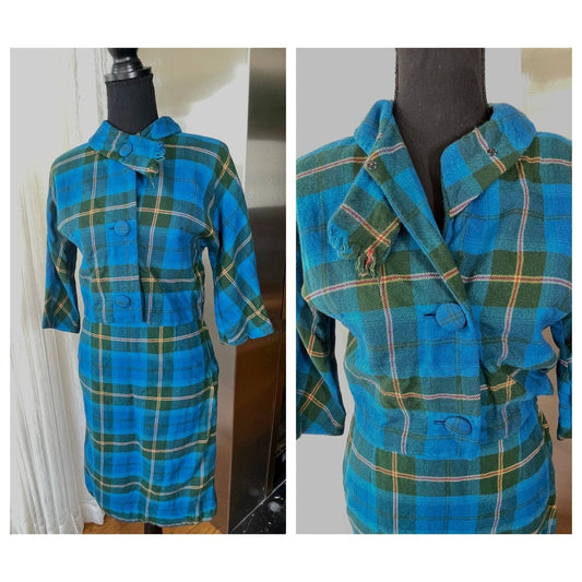 Vintage 1960s two pieces set, plaid wool jacket and straight skirt, AlJean