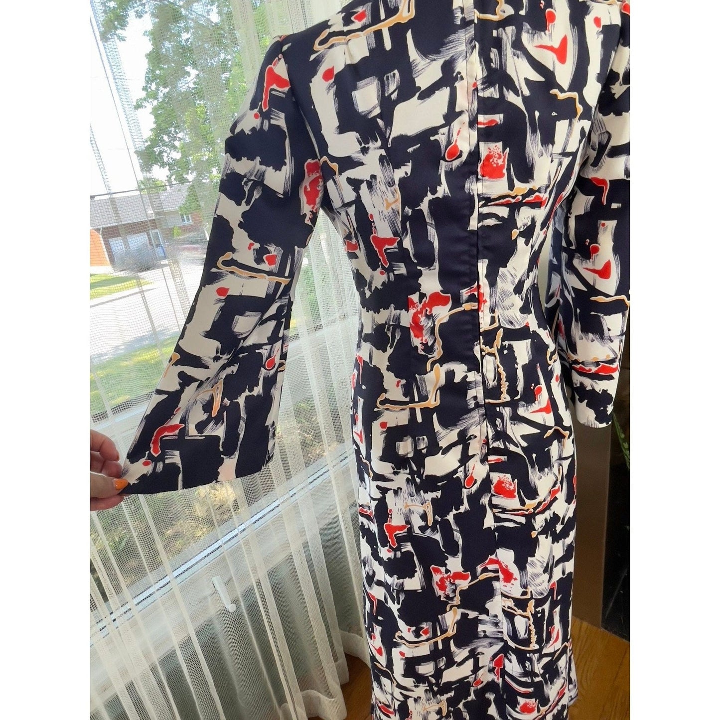 Vintage 70s maxi dress, blue, white and red MOD pattern, long sleeves, front double slit
