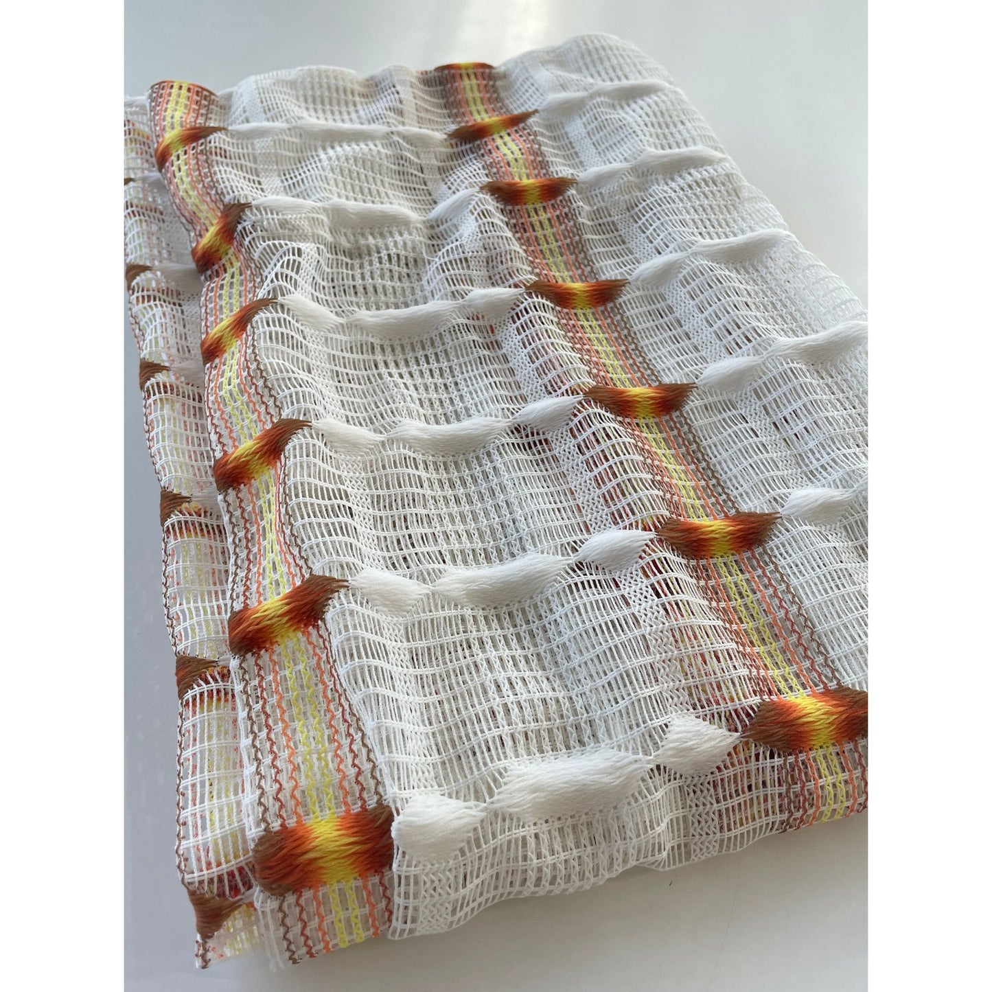 Vintage 70s curtain, orange groovy pattern, mesh panel