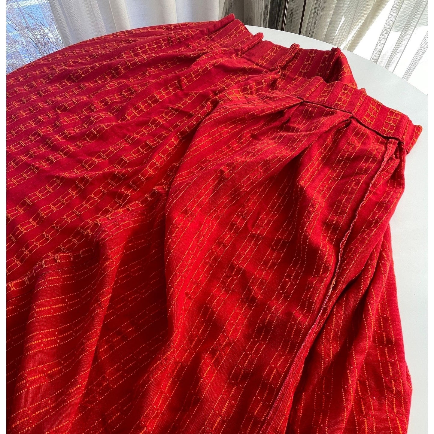 Vintage 70s pleated curtains, pair of red woven panels