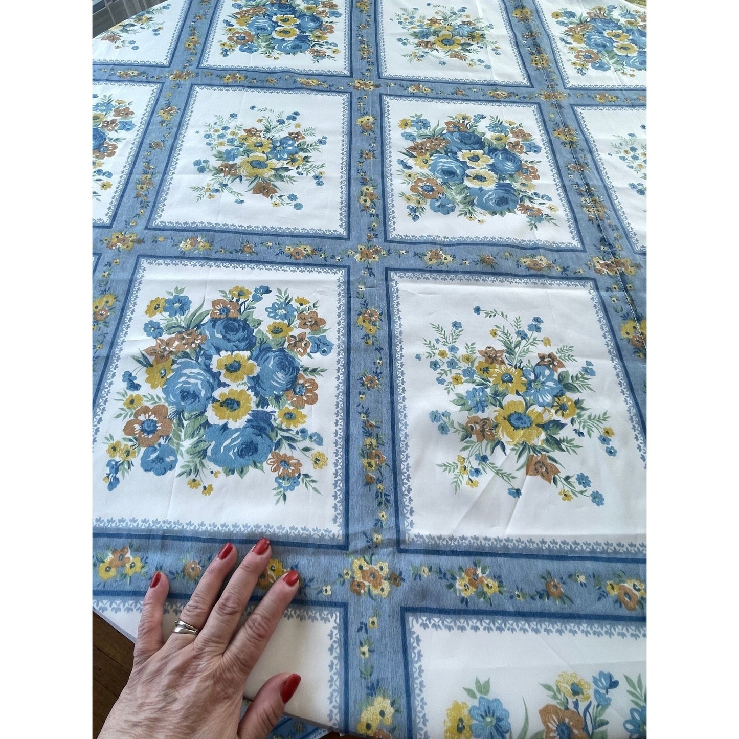Pair of vintage 70s blue floral curtains panels