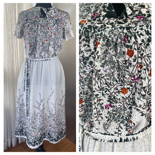Vintage 80s dress, floral chiffon with assorted belt