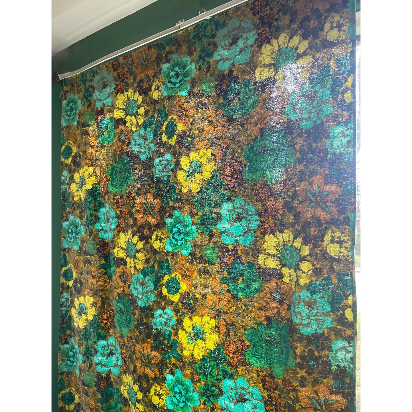 Vintage 50s barkcloth green flowers curtain