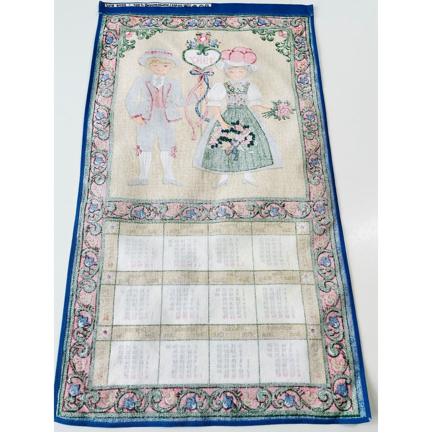 Vintage 1987 calendar tea towel, English, German and Italian