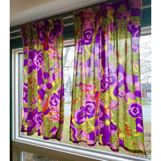 Vintage 70s pleated curtains, green purple abstract pattern