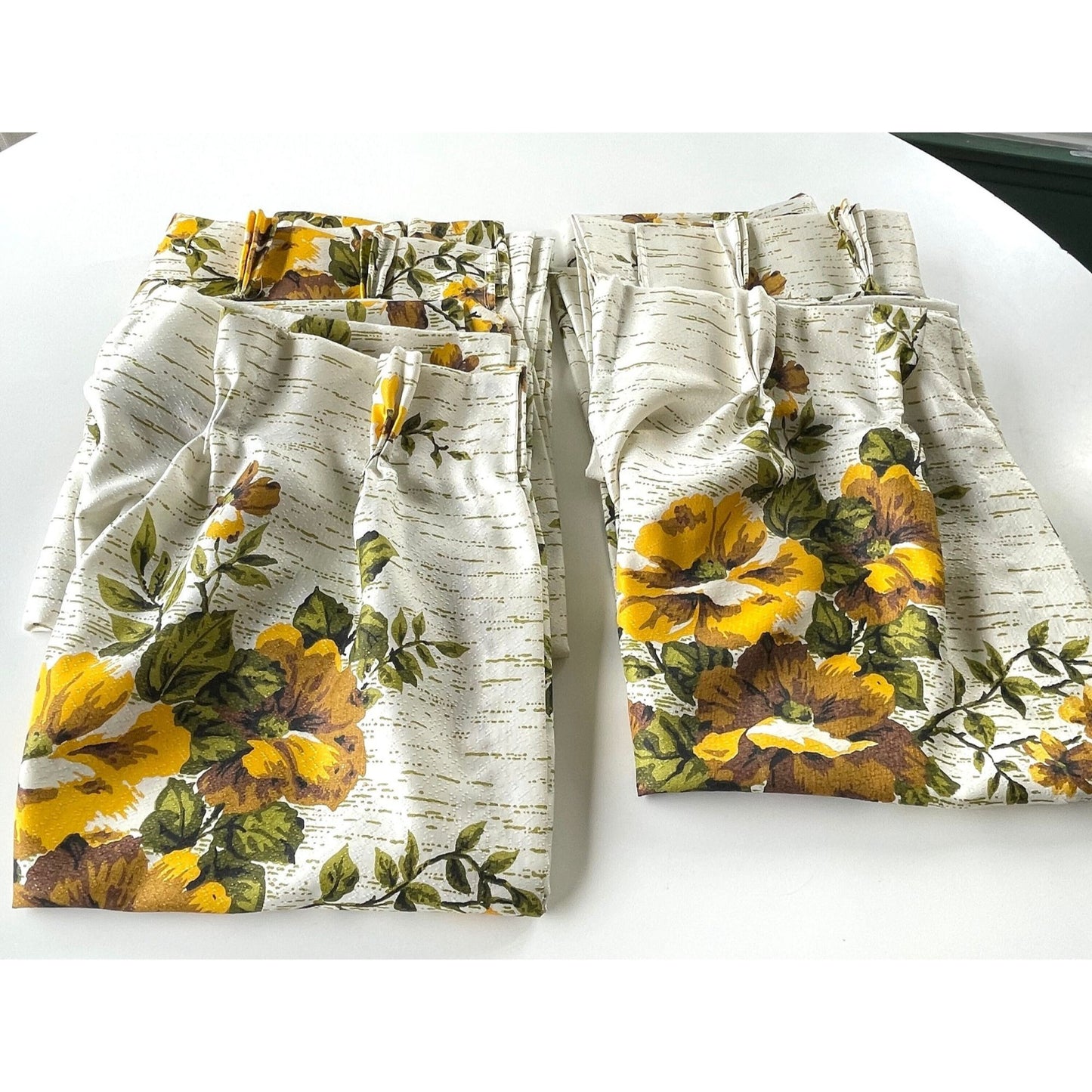 Vintage 60s pleated curtains, yellow bold floral fiberglass panels