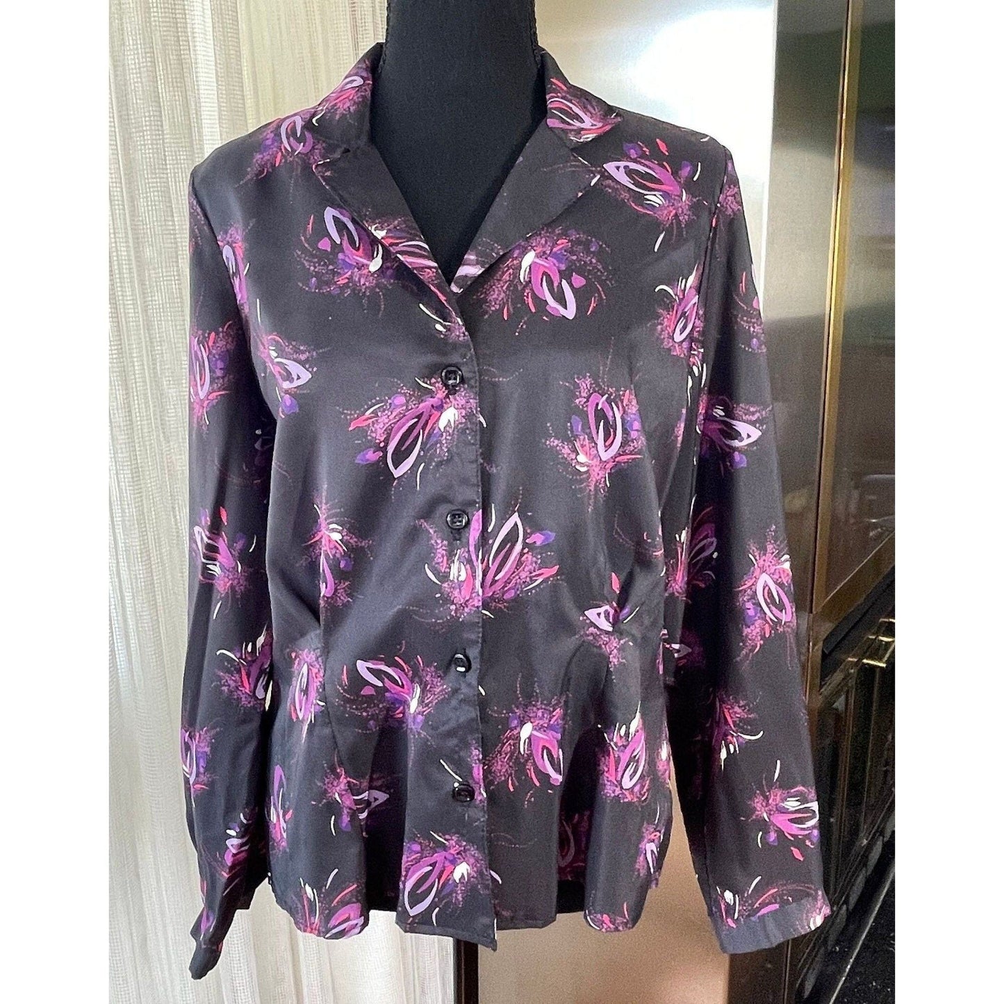 Vintage 80s satin blouse, black and hot pink, long sleeves