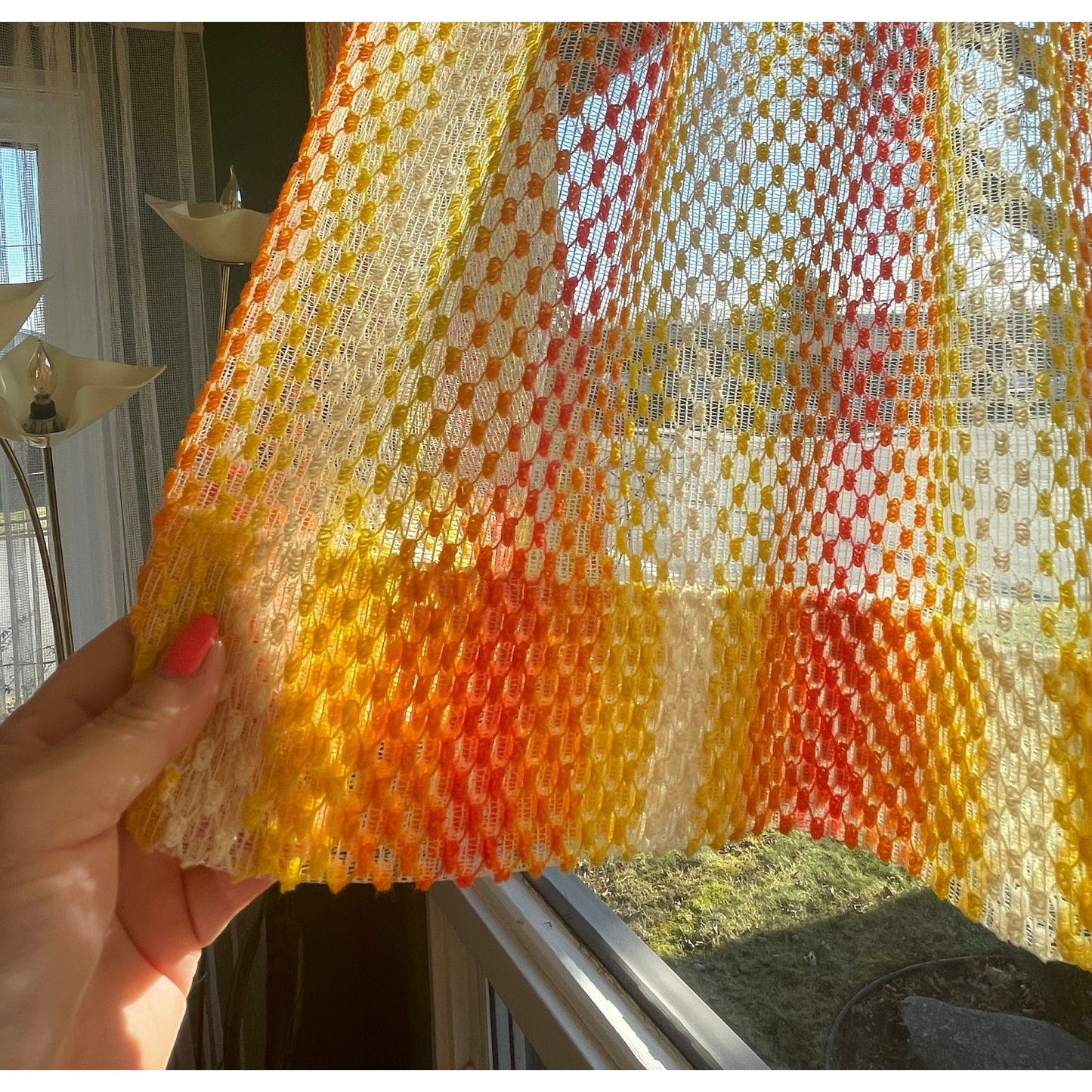 Vintage 70s curtain, orange yellow ombre pattern, mesh panel