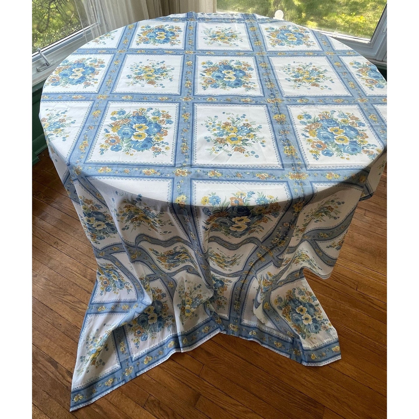 Pair of vintage 70s blue floral curtains panels