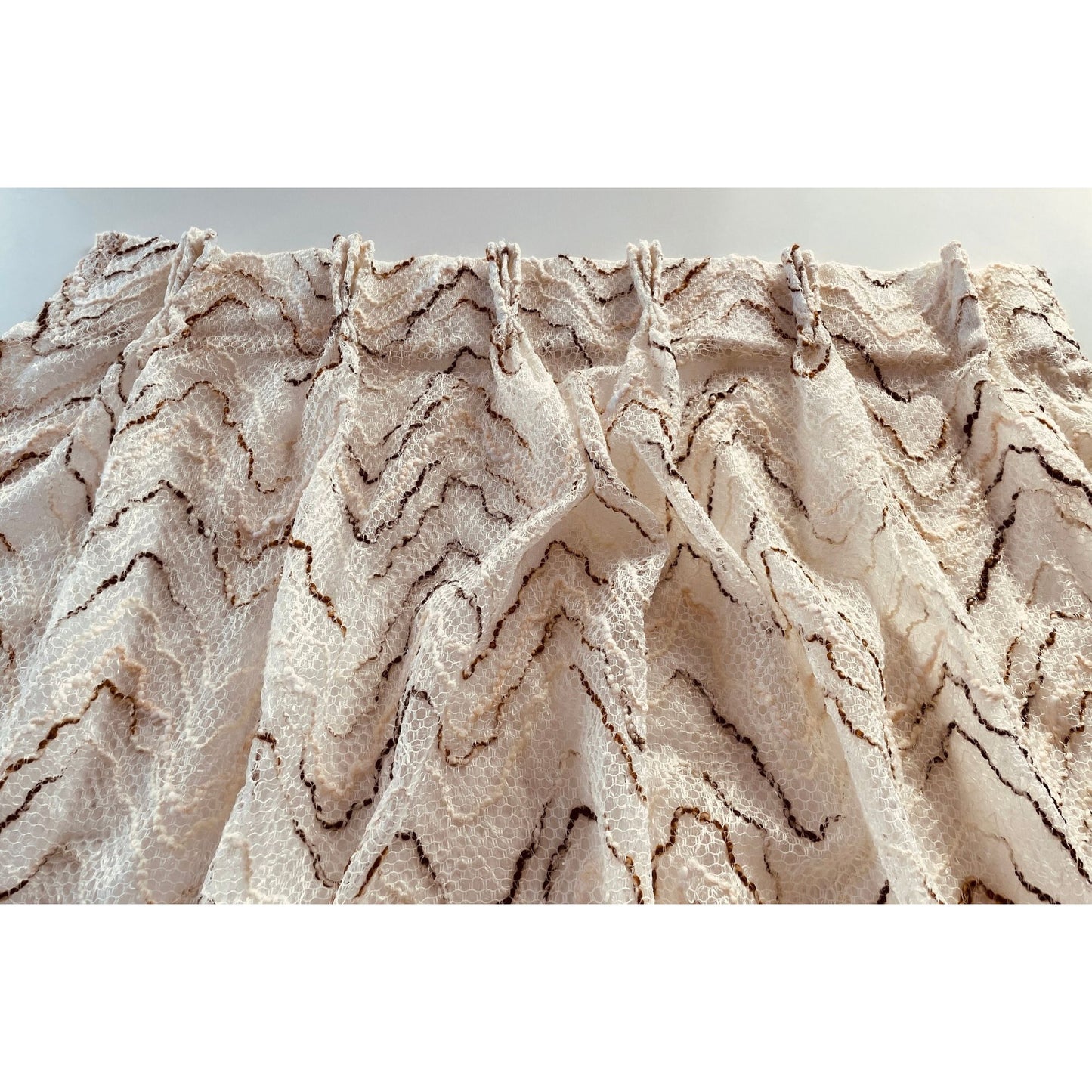 Vintage 70s net woven curtain, tan brown geometric stripes