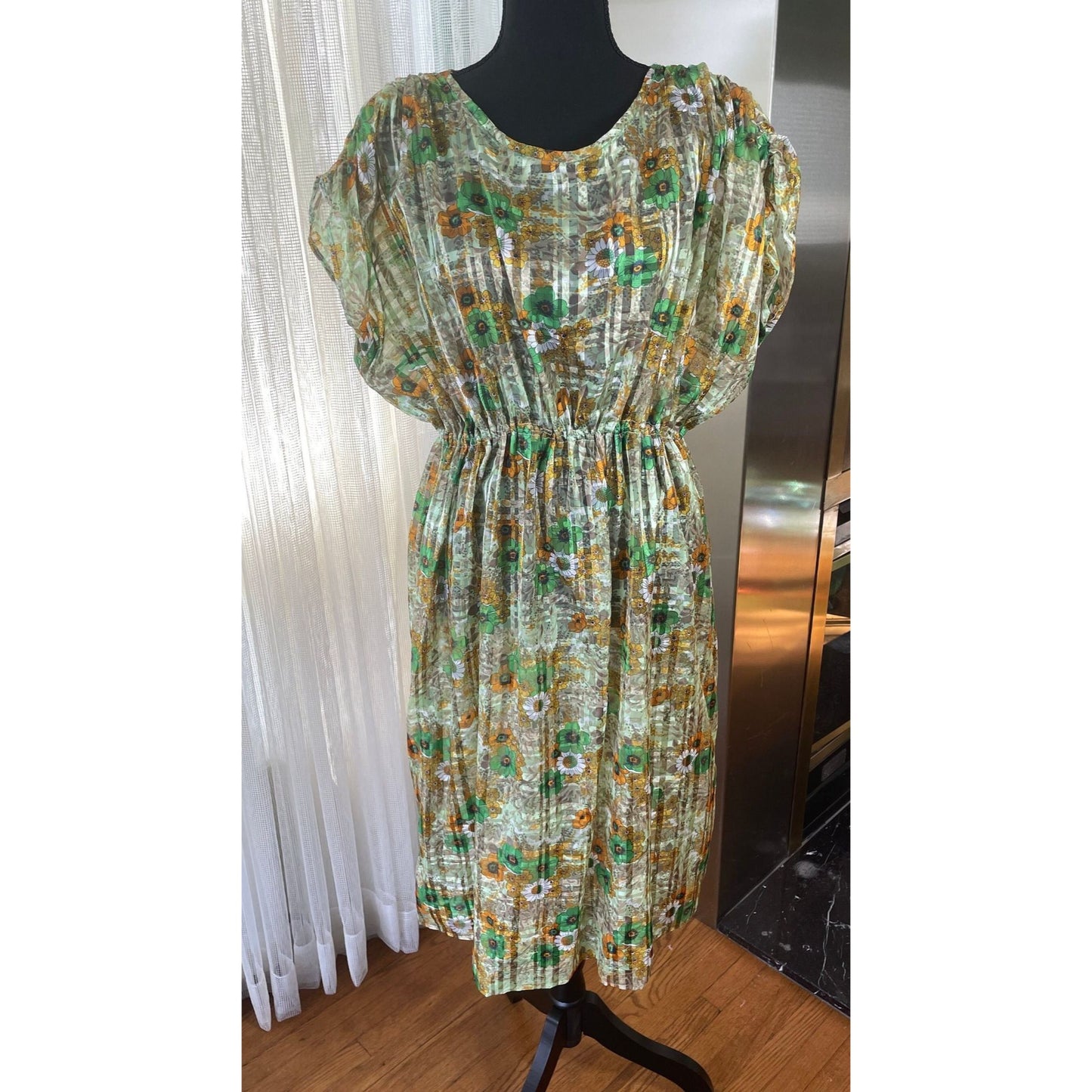 Vintage 80s dress, sheer green orange brown