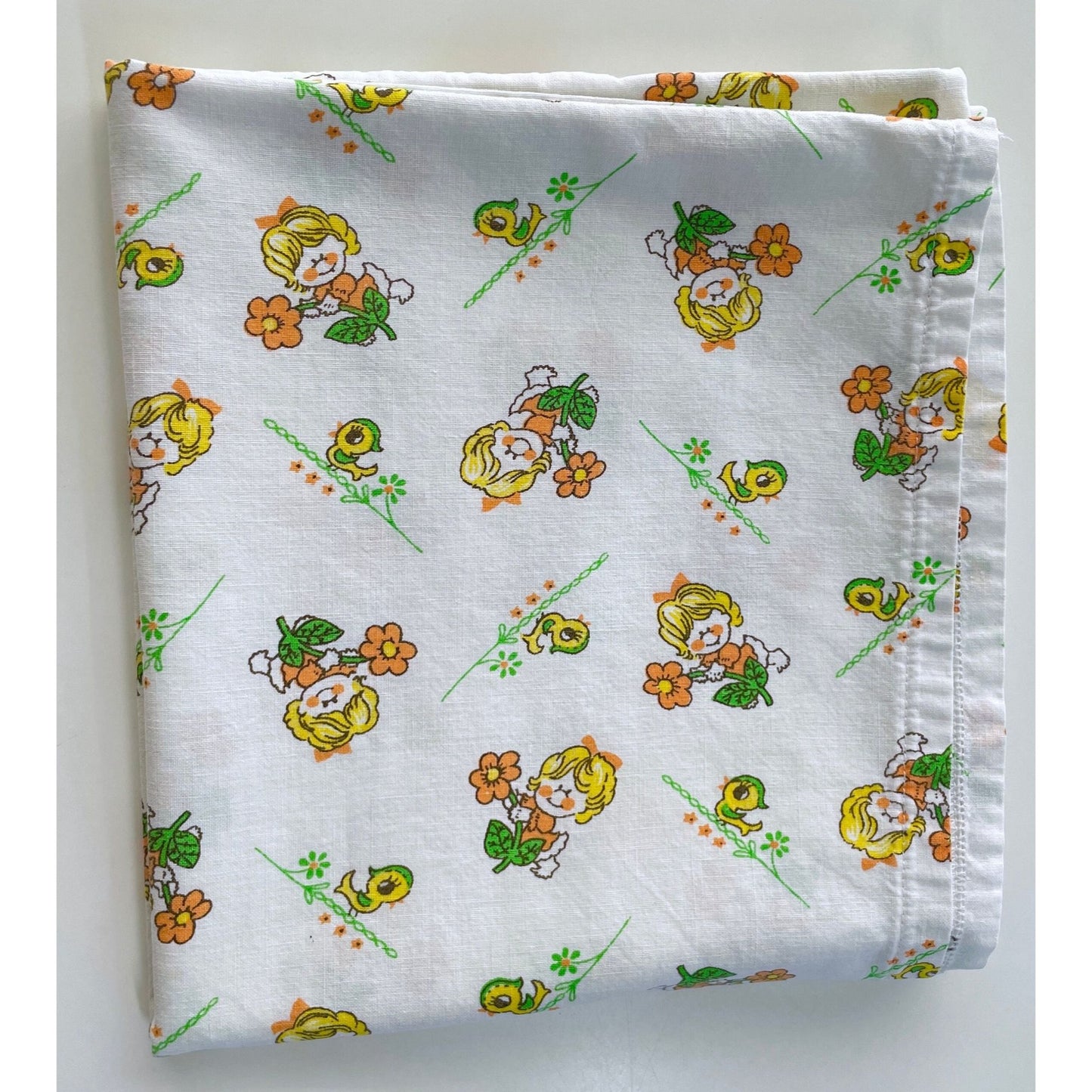 Vintage 60s children pillowcase, daisies and ducks, orange, green and yellow