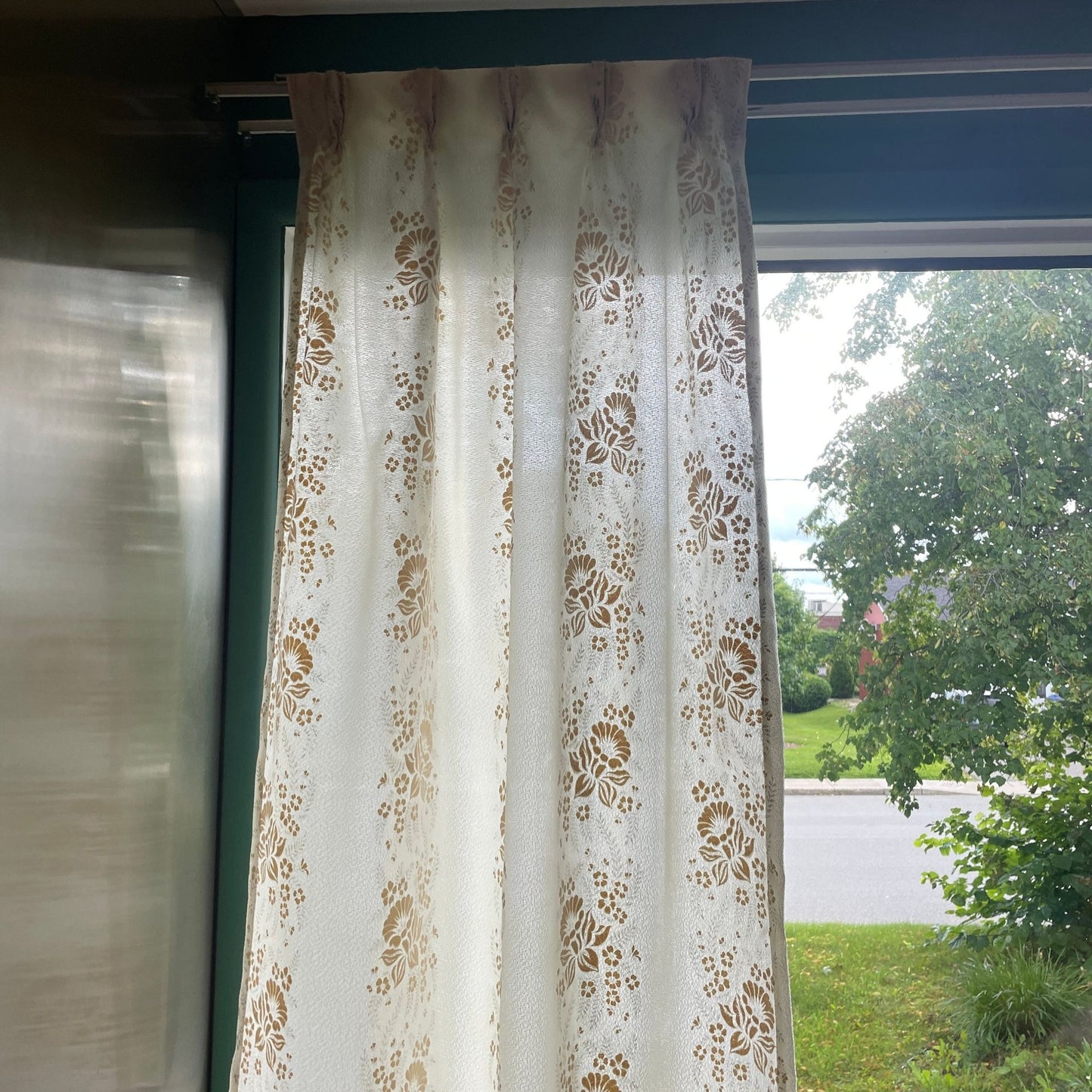 Vintage 60s pleated curtain, flocked flower drape, single panel,