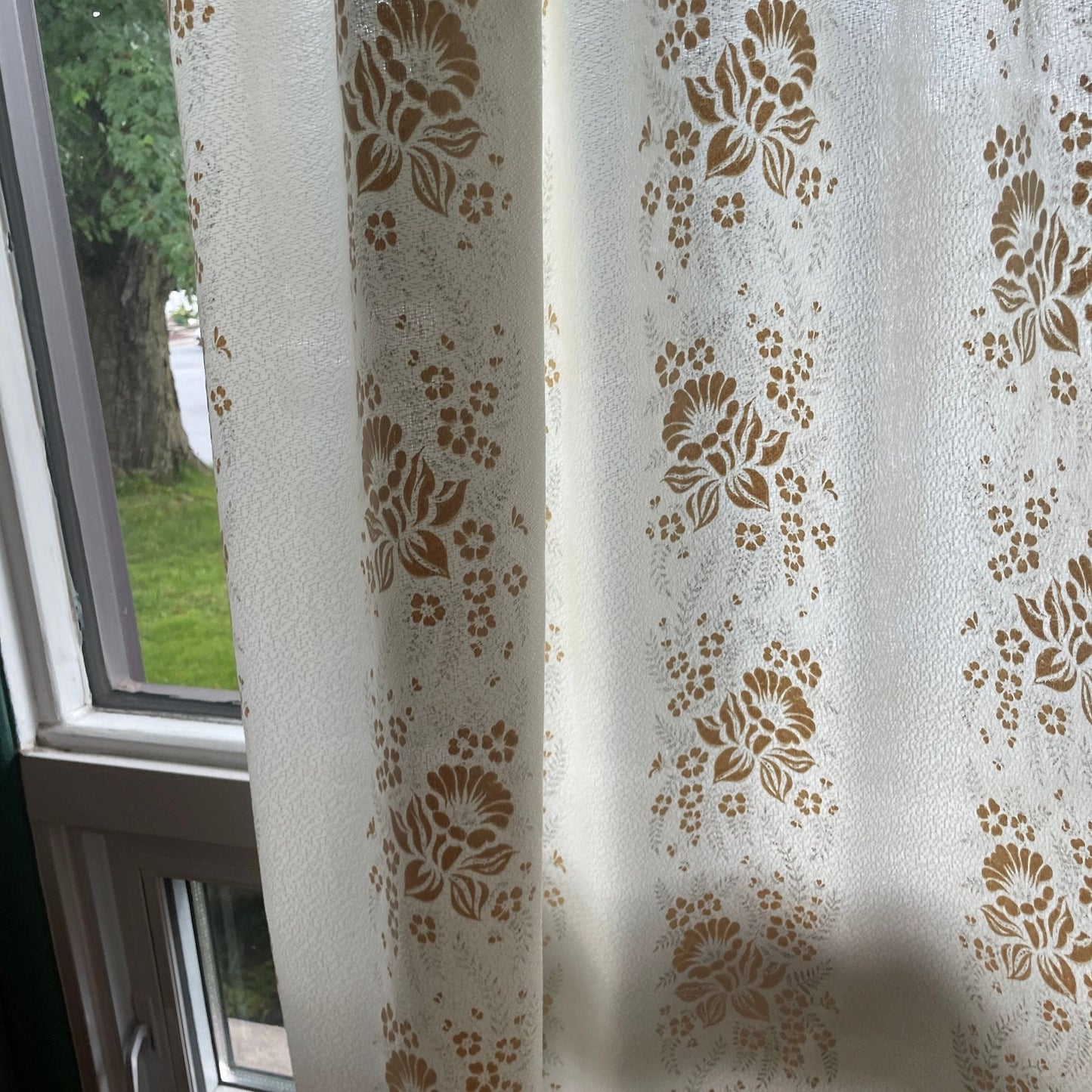 Vintage 60s pleated curtain, flocked flower drape, single panel,