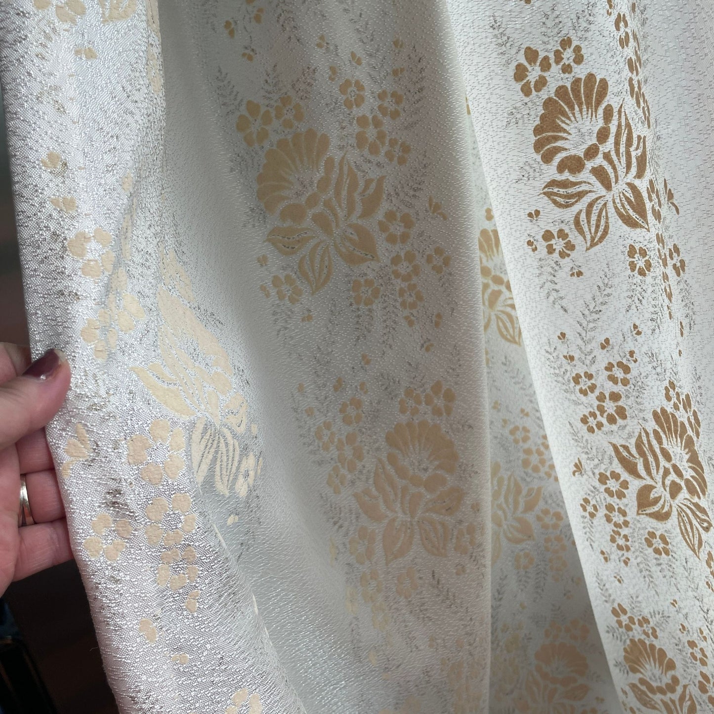 Vintage 60s pleated curtain, flocked flower drape, single panel,