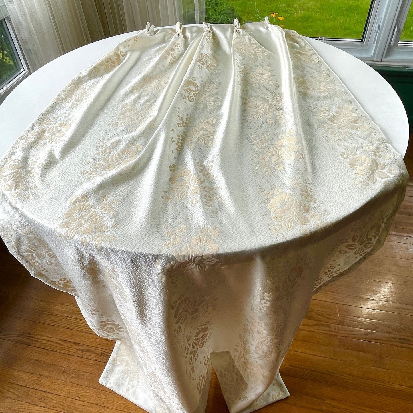 Vintage 60s pleated curtain, flocked flower drape, single panel,