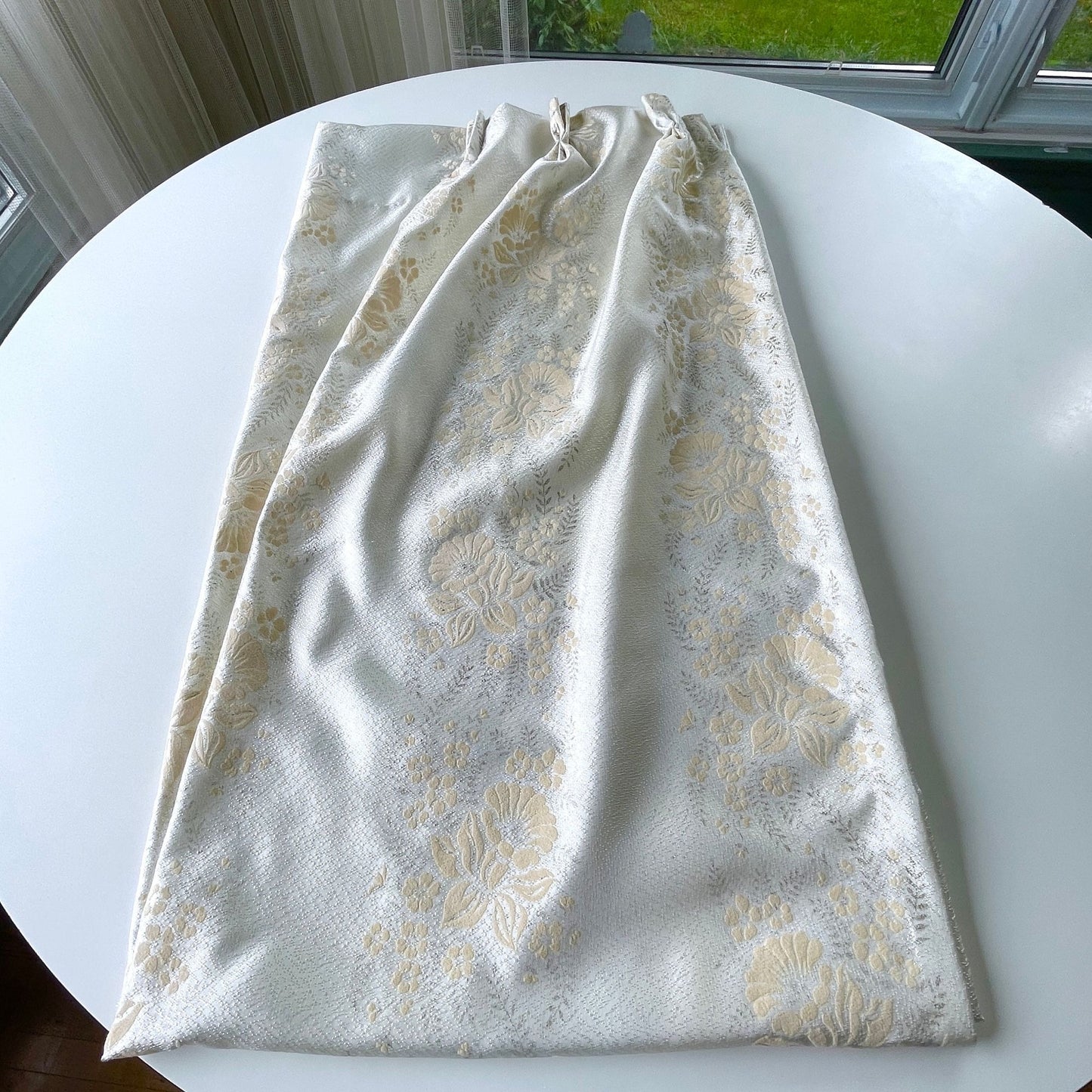 Vintage 60s pleated curtain, flocked flower drape, single panel,