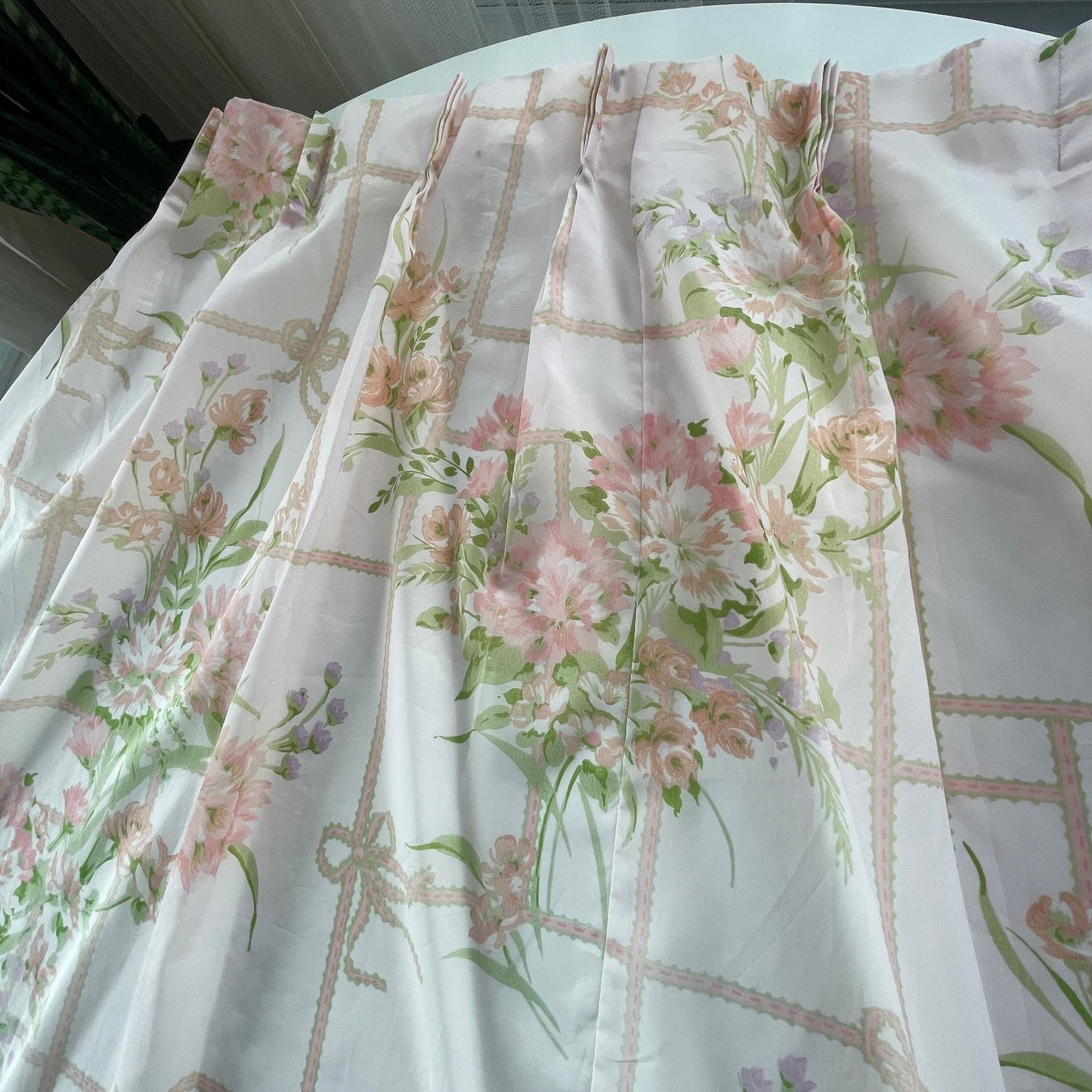 Vintage 80s pleated curtain, pink floral sheer panel