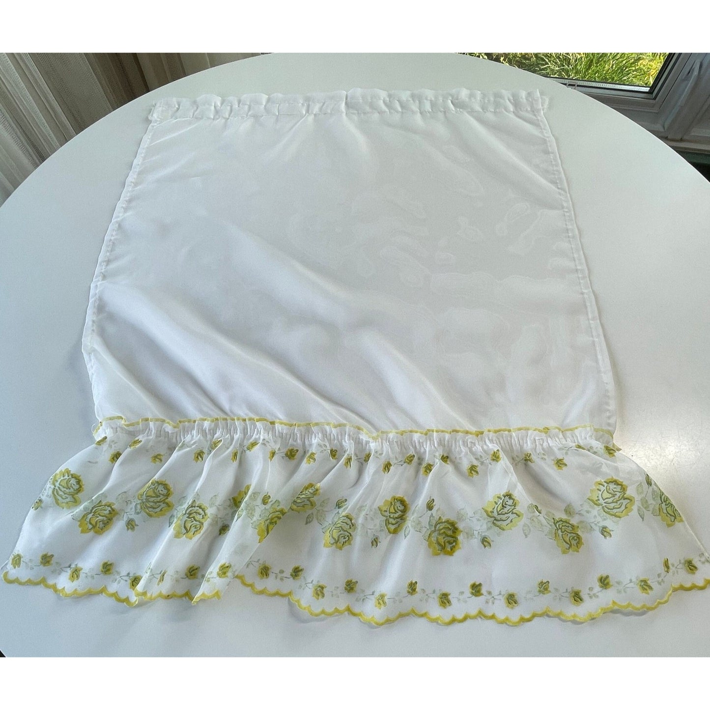 Vintage 50s cafe curtains, flocked floral ruffled panels