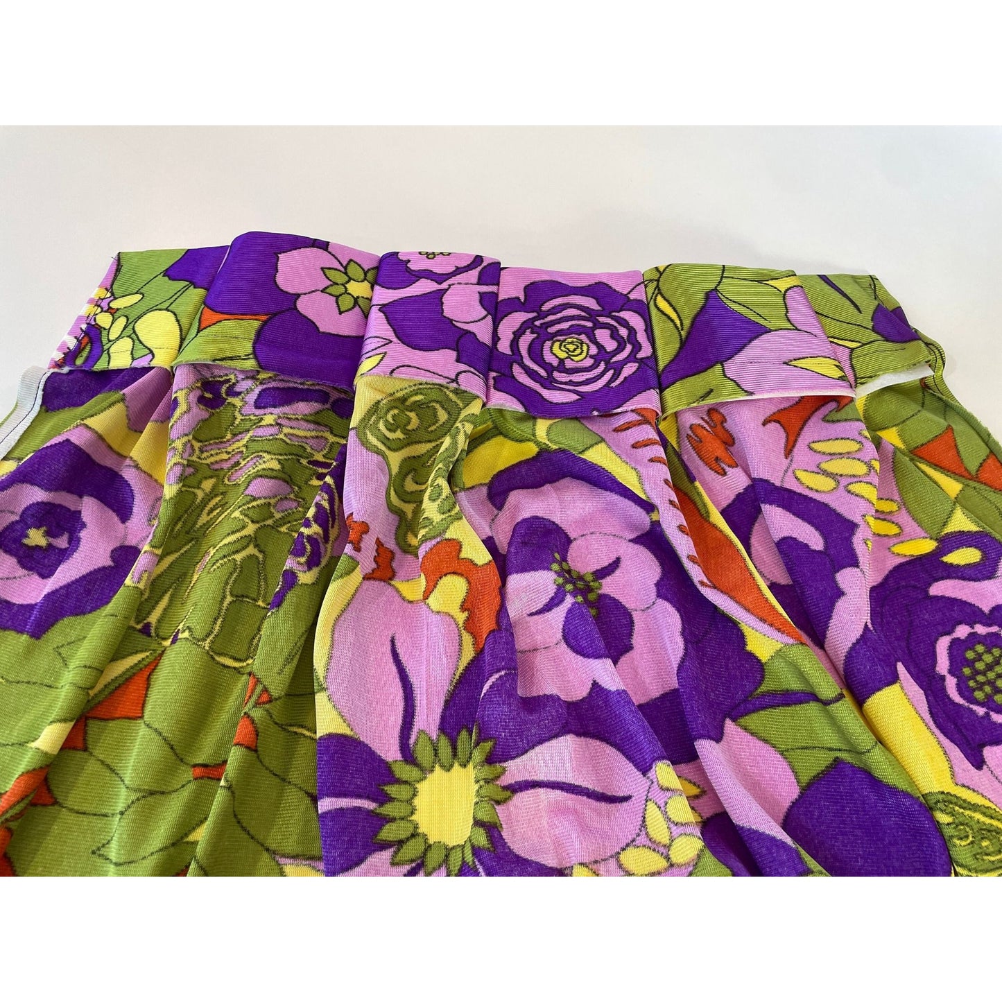 Vintage 70s pleated curtains, green purple abstract pattern
