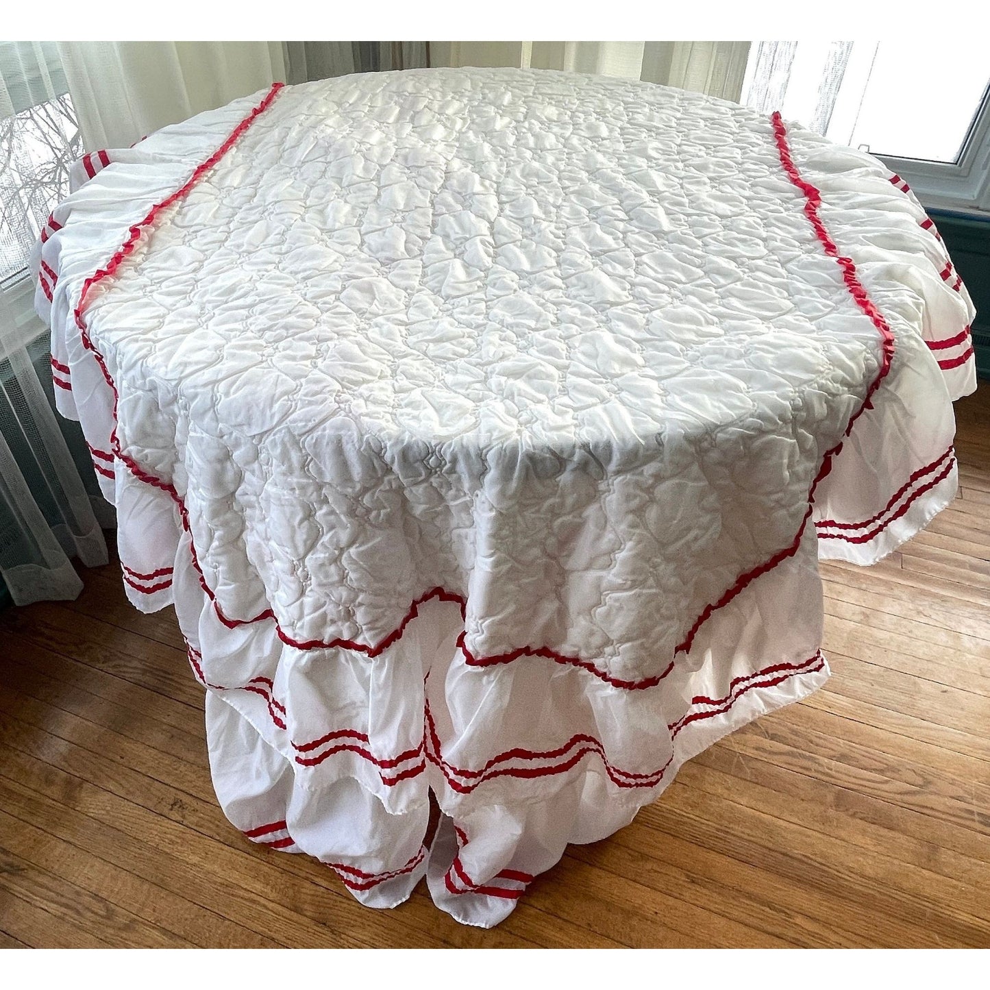 Vintage 80s ruffled satin bedspread, twin size, white with red ribbons