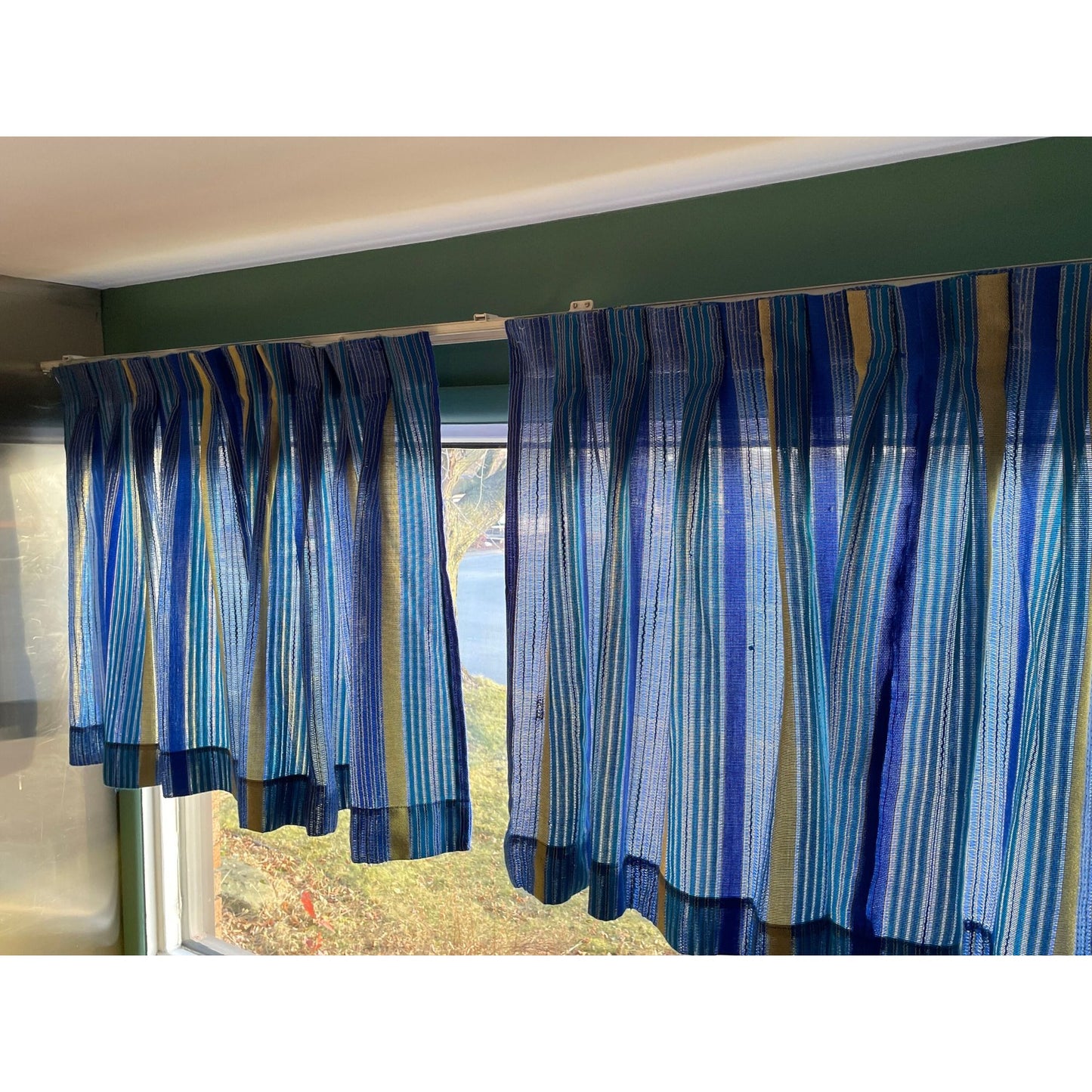 Vintage 70s pleated curtains, blue stripes, pair