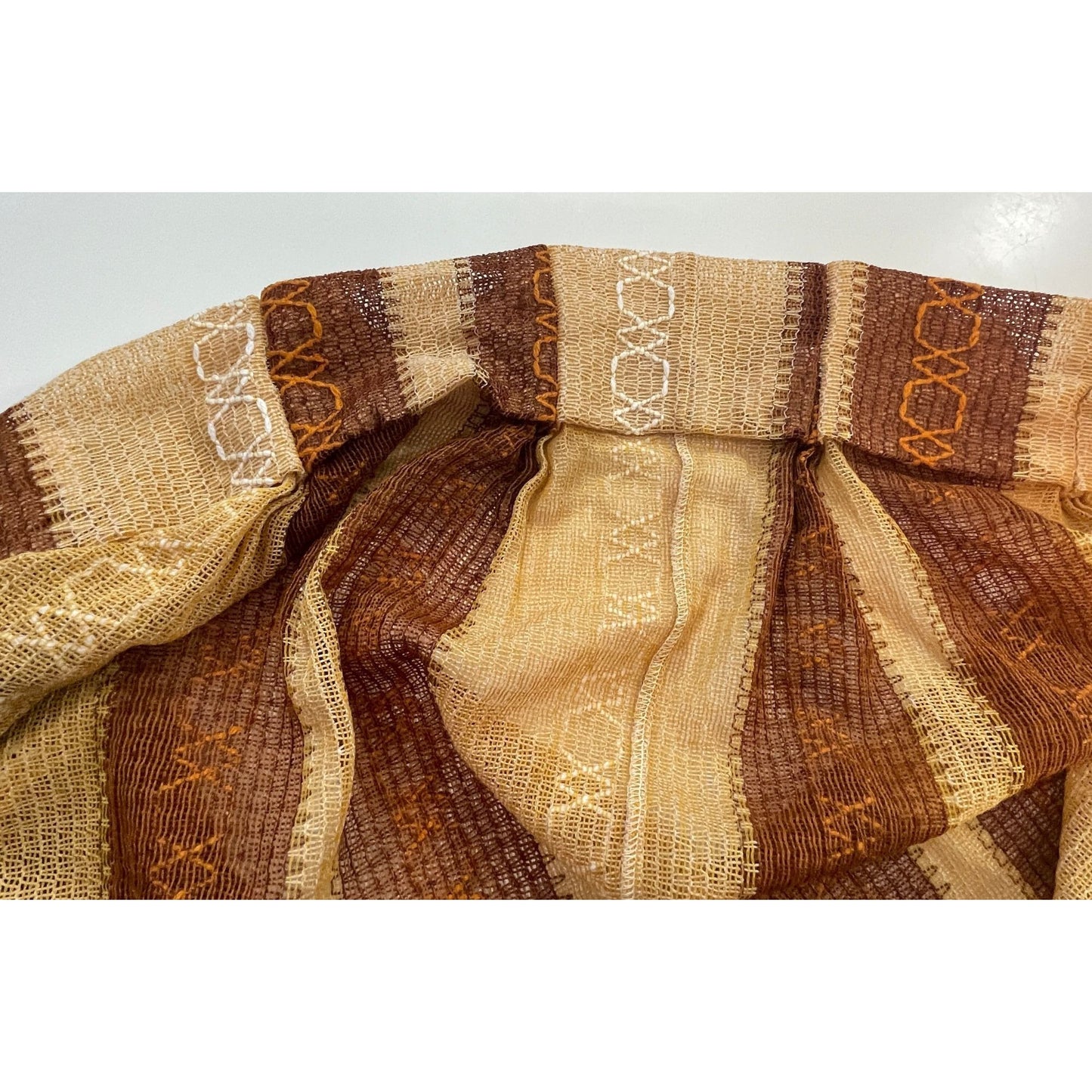 Vintage 70s net woven pleated curtains, brown stripes