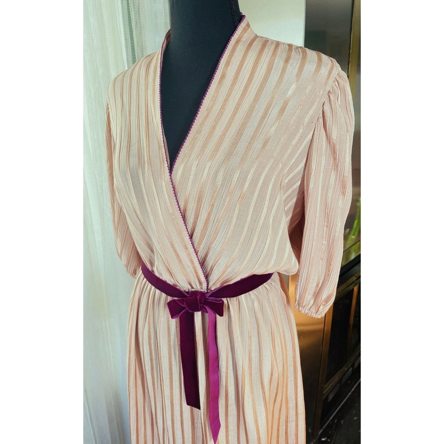 Vintage 80s dress, gold rose textured, velvet raspberry ribbon
