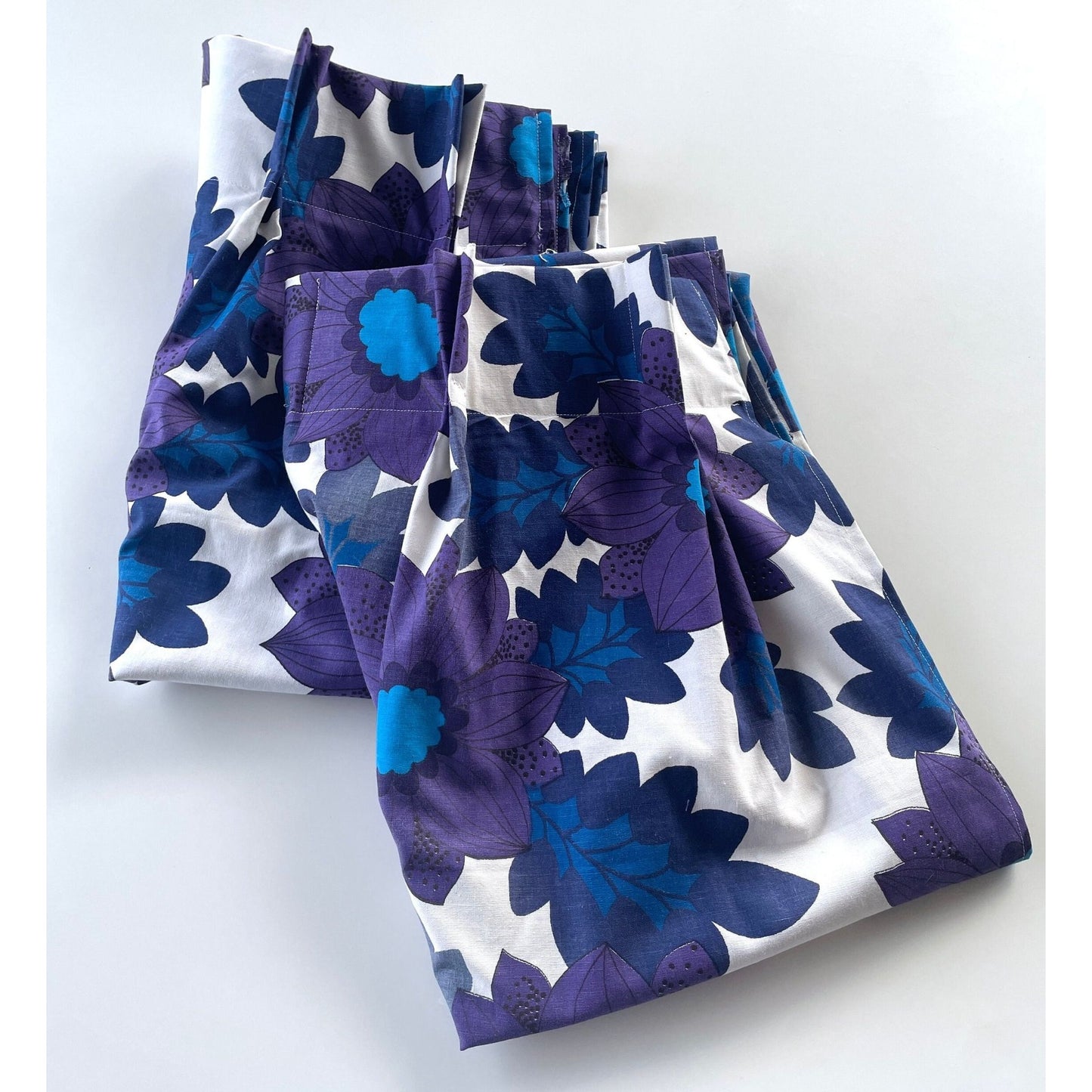 Vintage 70s pleated curtains, purple and blue flowers