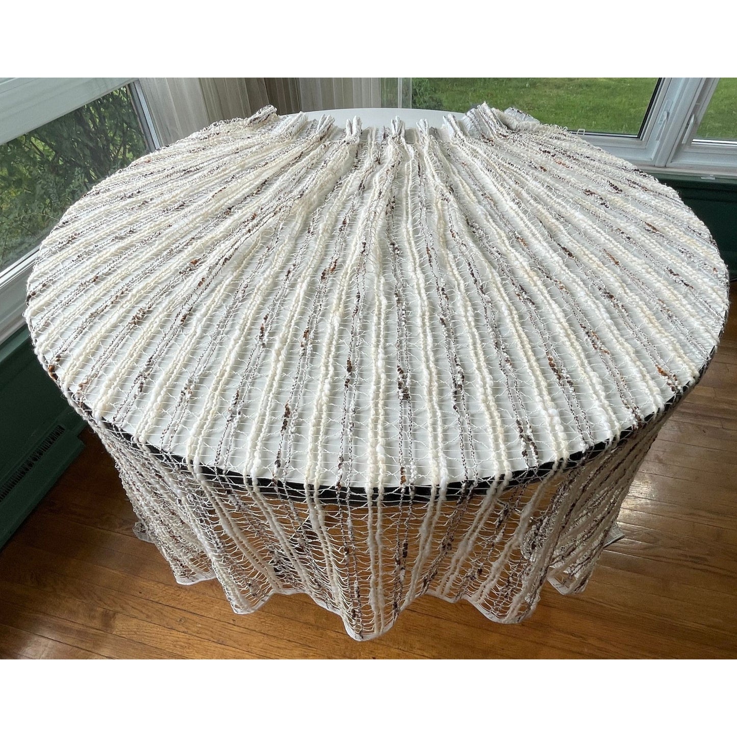 Vintage 70s net woven pleated beige and brown curtains