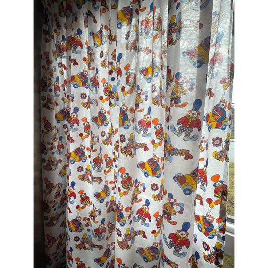 Vintage 70s pleated curtain, novelty print, clown circus