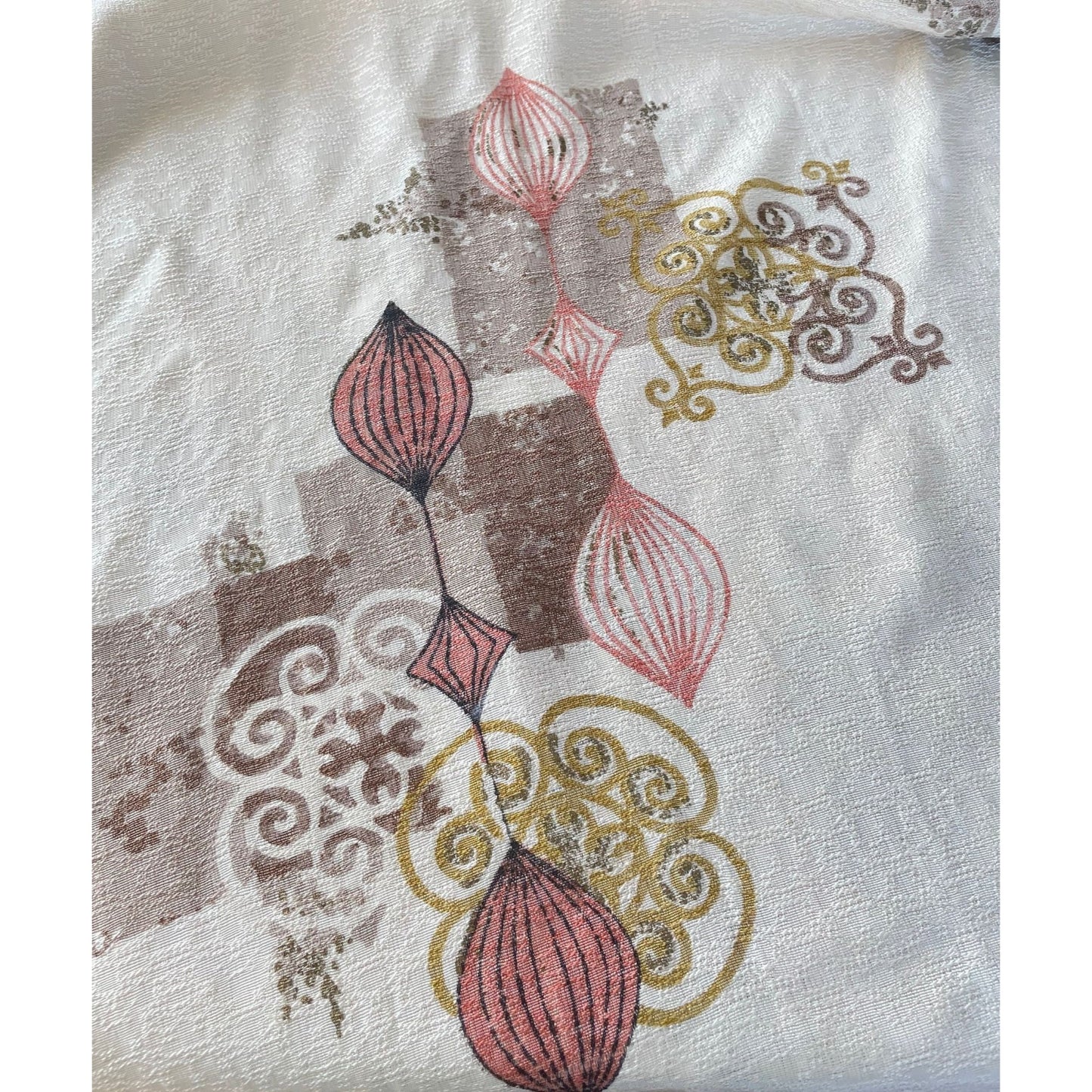 Vintage 50s barkcloth curtains, pink gold cream