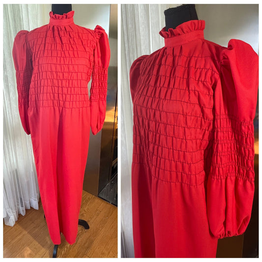 Vintage 70s dress, red, smocked bodice with long sleeves