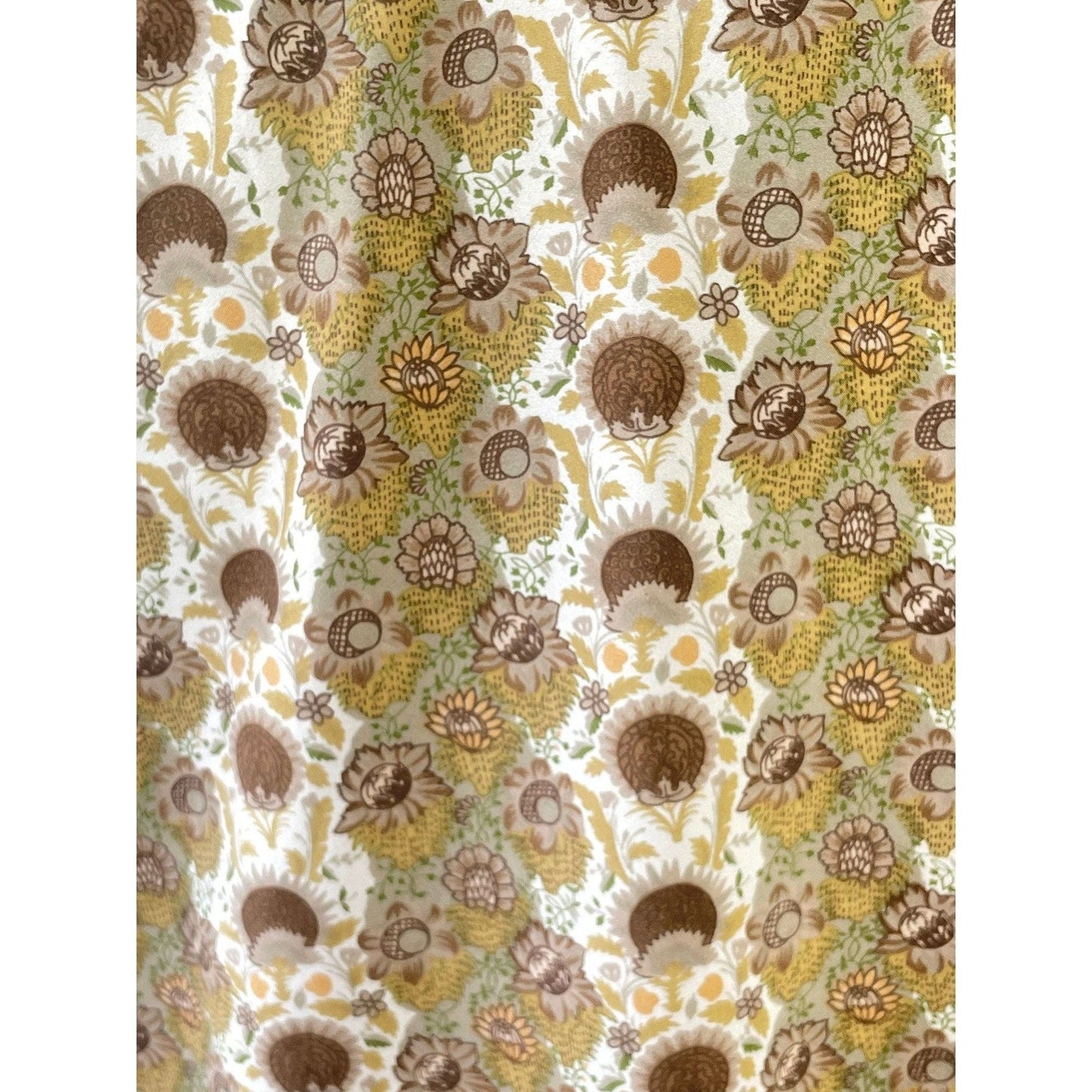 Vintage 80s satin blouse, green sunflowers pattern, long sleeves