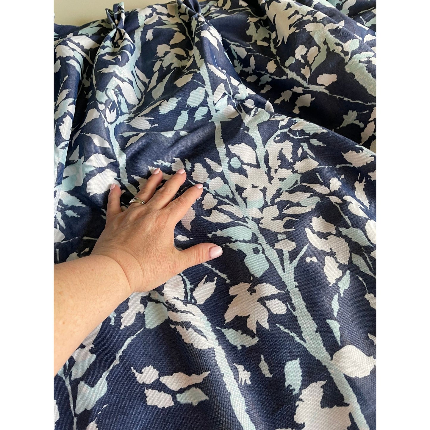 Vintage 60s pleated curtain, large blue flowers