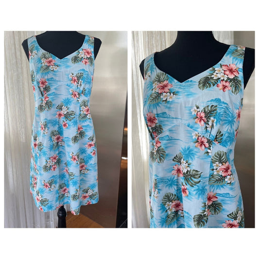 Vintage 80s dress, blue floral, sleeveless, Hilo Hatties Hawaiian Original