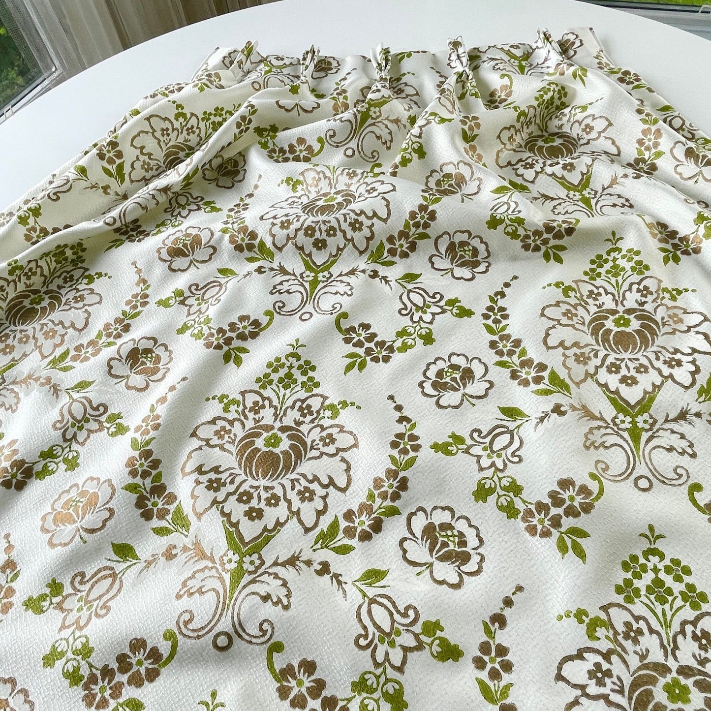Vintage 60s pleated curtains, green and gold fiberglass panels