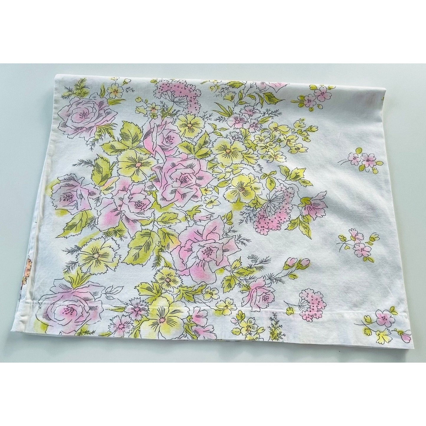 Vintage 70s pillowcase, pink and yellow flowers