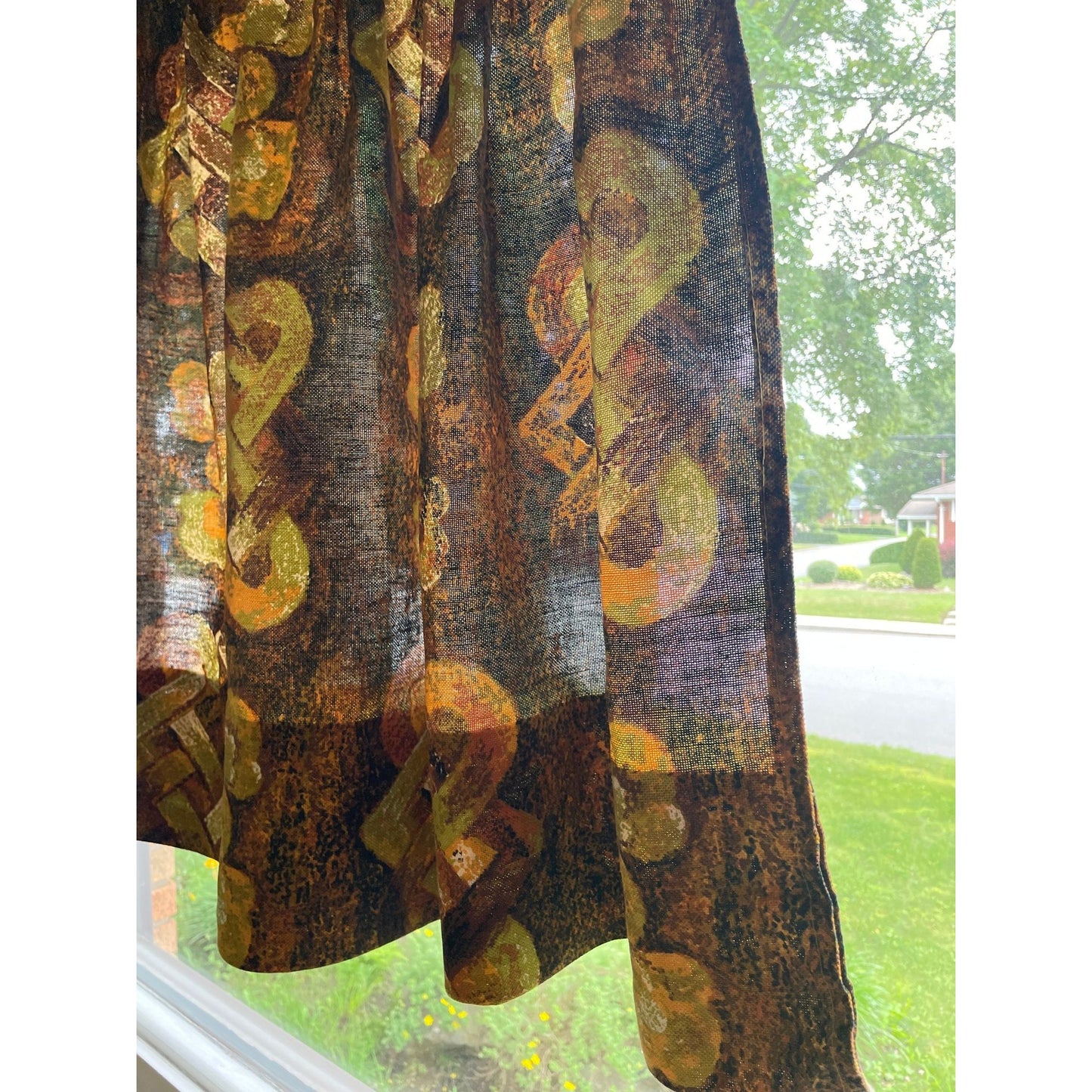 Vintage 60s pleated curtain, MOD orange and brown geometric pattern