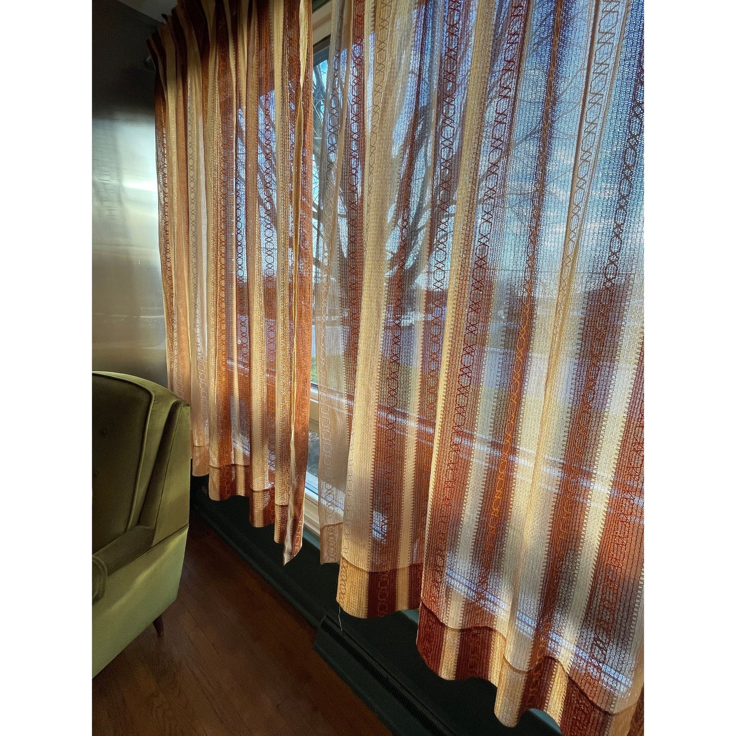 Vintage 70s net woven pleated curtains, brown stripes