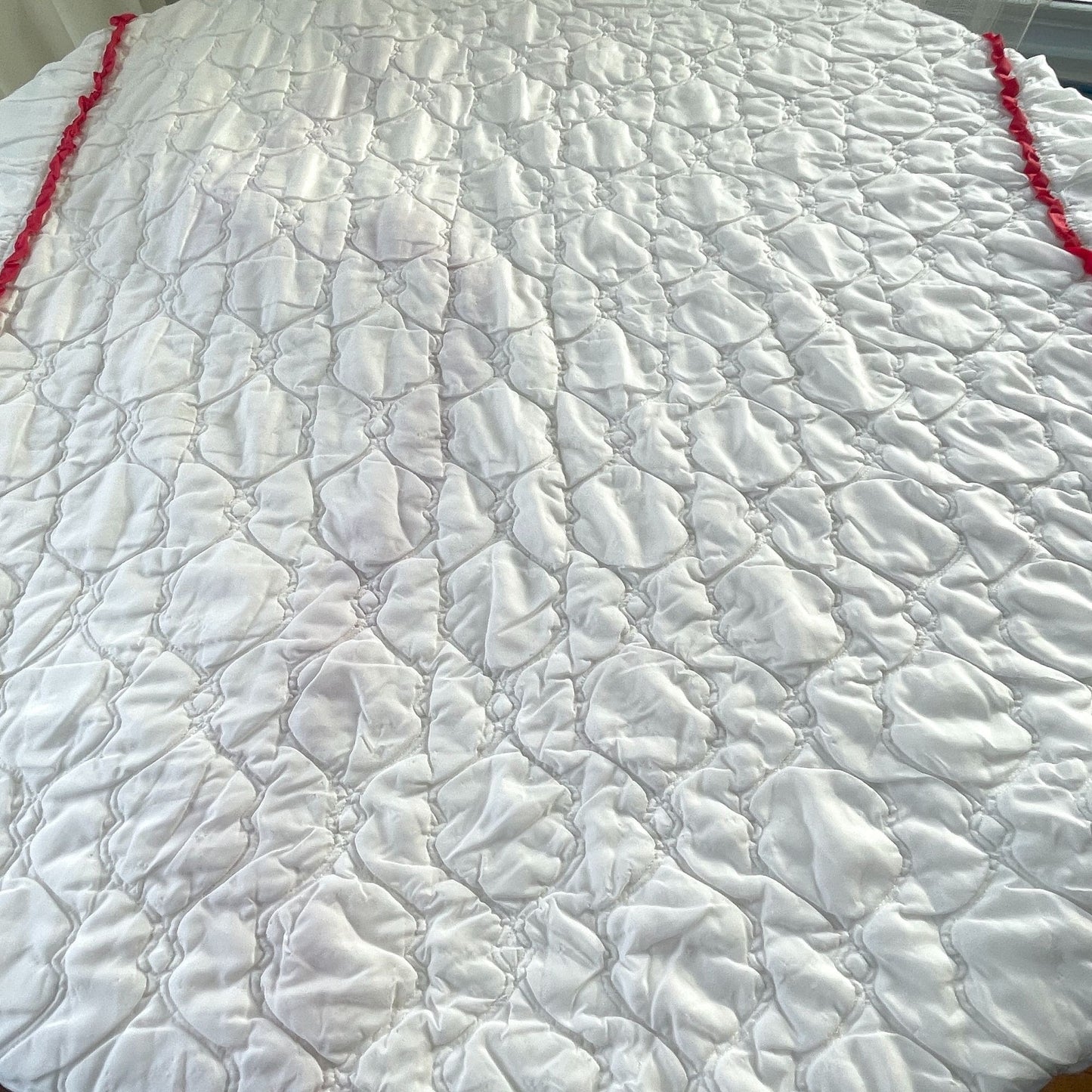 Vintage 80s ruffled satin bedspread, twin size, white with red ribbons